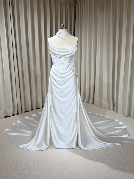 Minimalist Satin Corset Wedding Dress with Scarf and Detachable Train & Sleeves | Molly