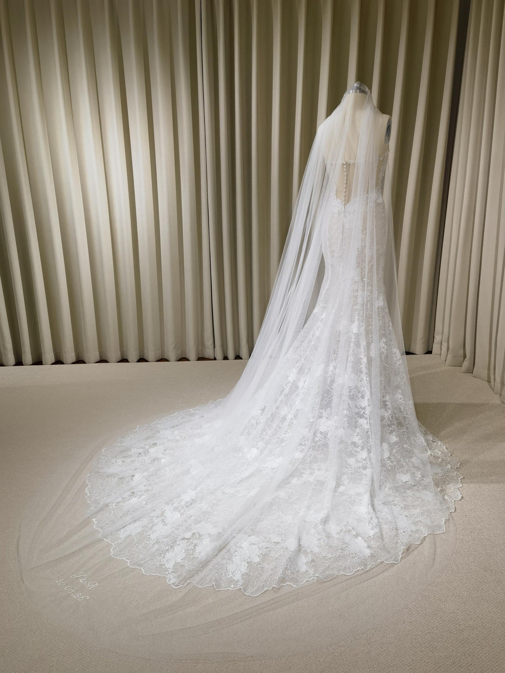 1 Tier Soft Tulle Wedding Veil with Hand Embroidery (Name Initials & Wedding Date)