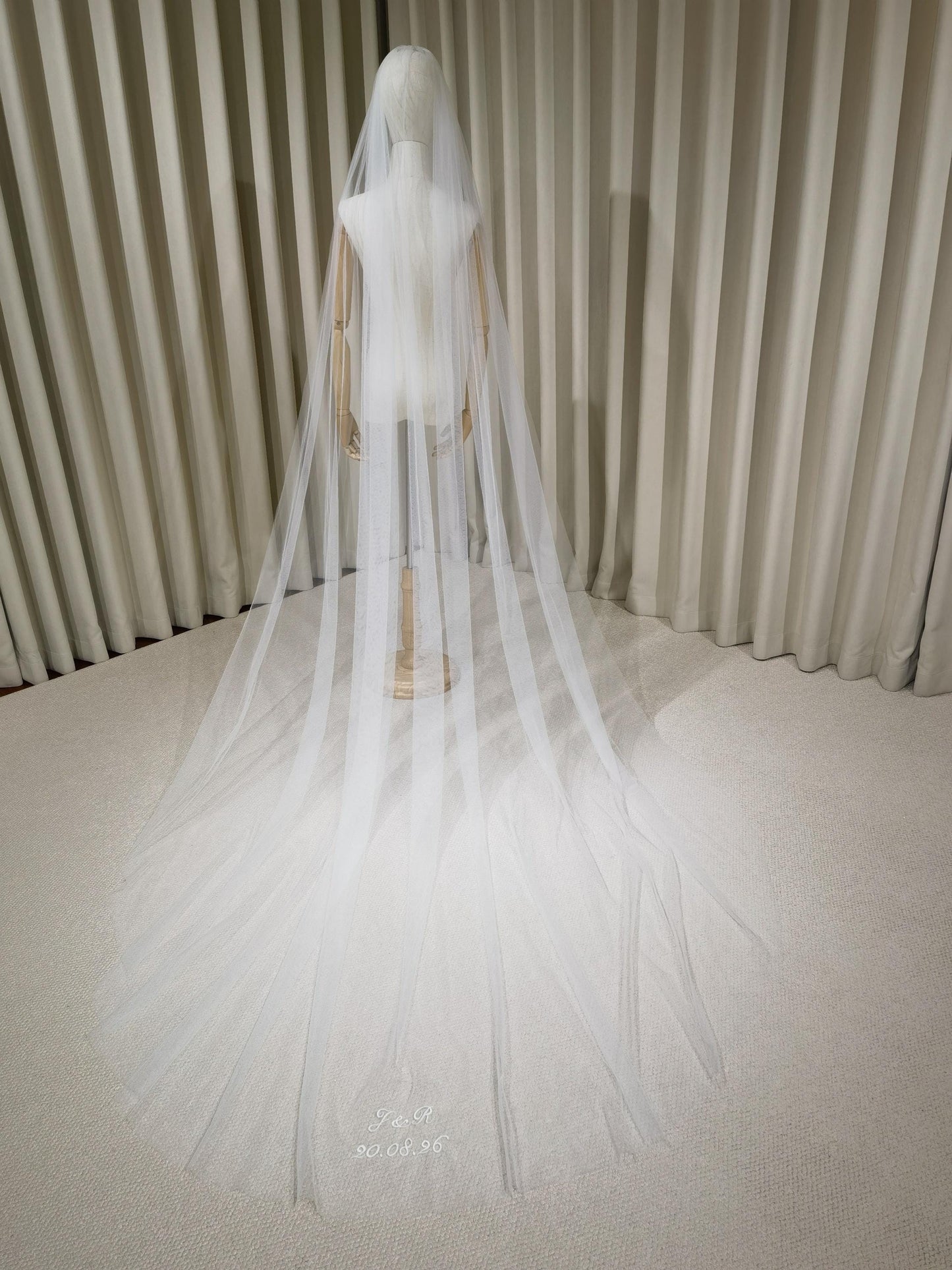 1 Tier Soft Tulle Wedding Veil with Hand Embroidery (Name Initials & Wedding Date)