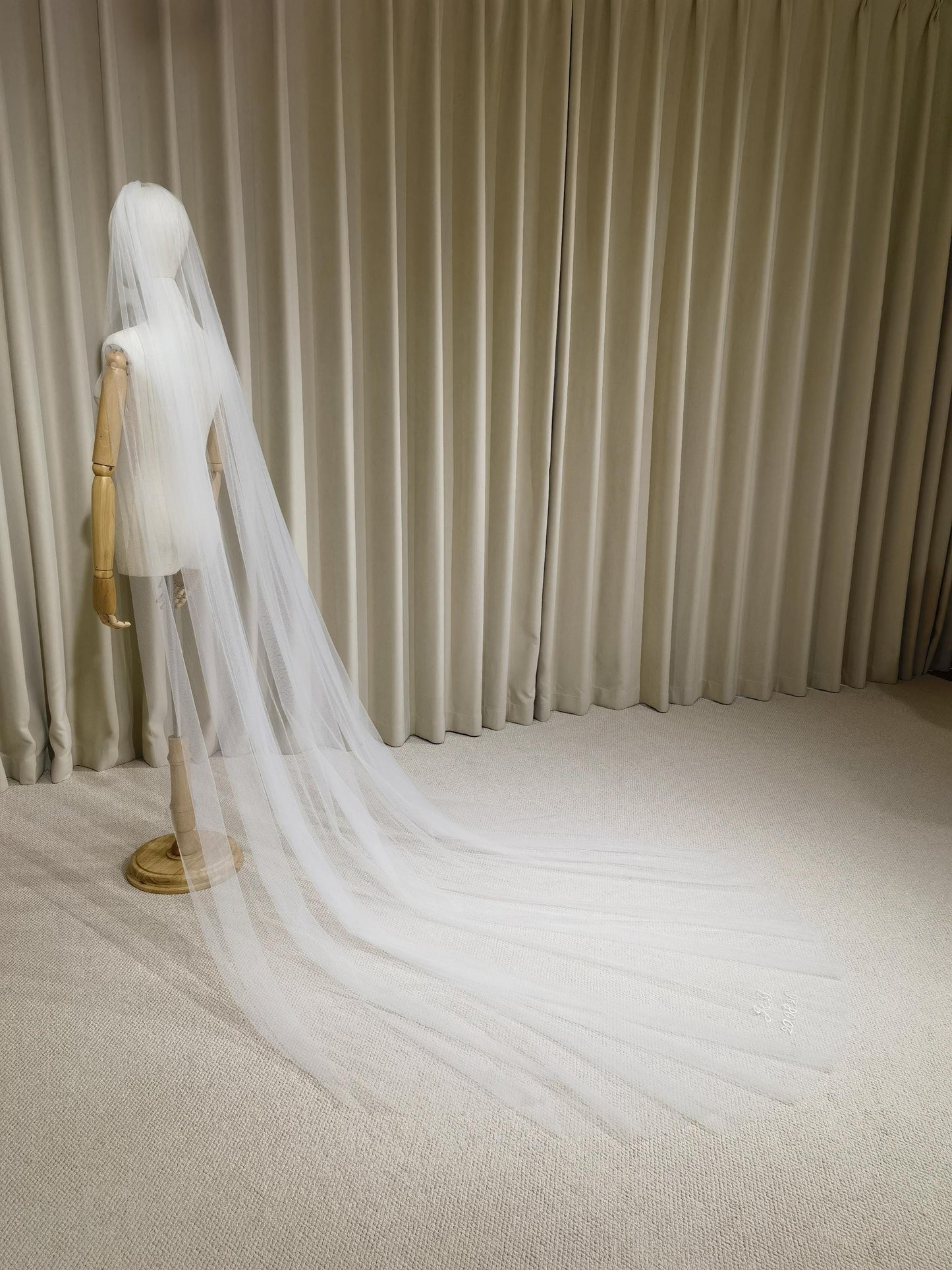 1 Tier Soft Tulle Wedding Veil with Hand Embroidery (Name Initials & Wedding Date)