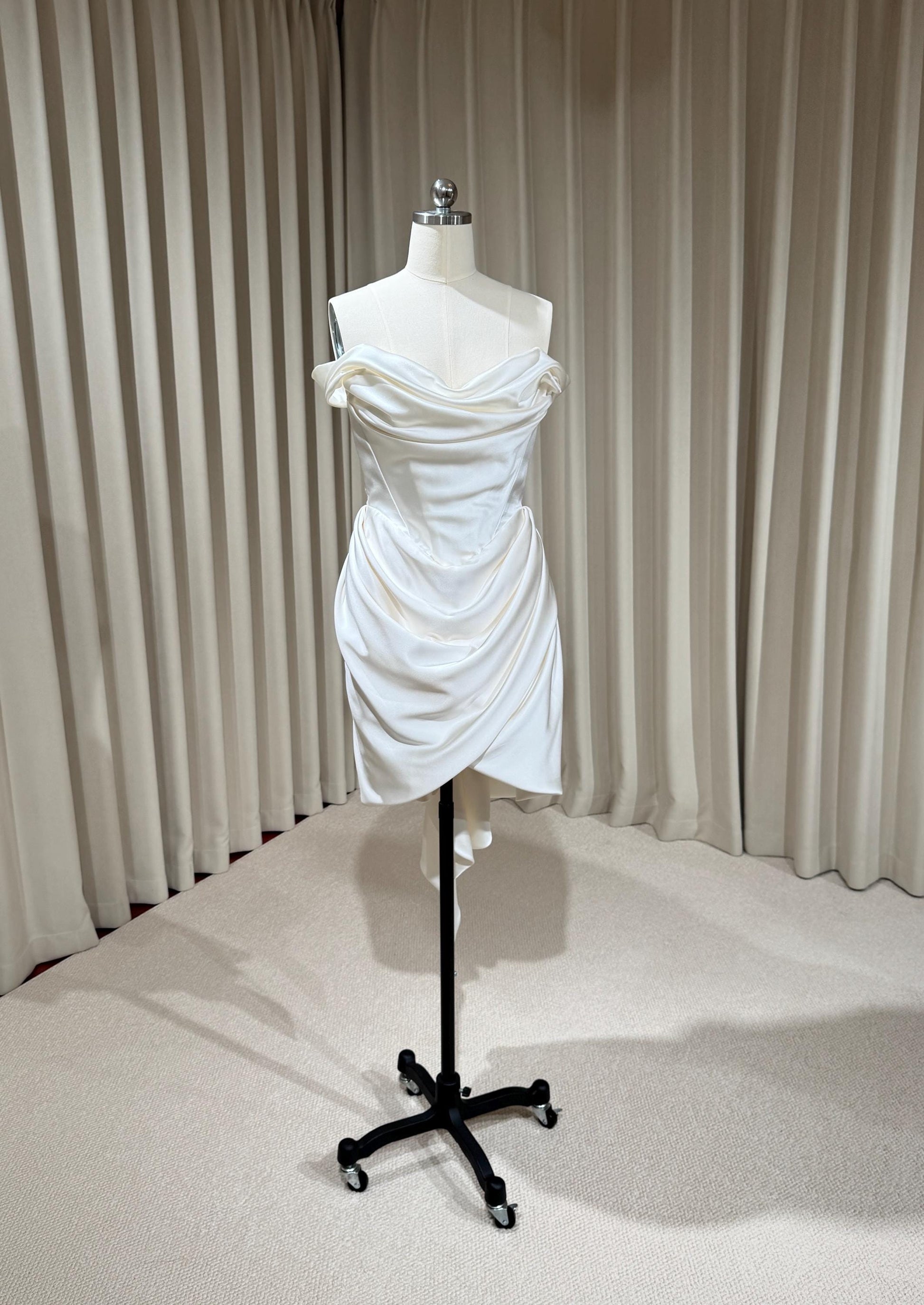Blaire | Minimalist Off Shoulder Satin Corset Short Wedding Dress