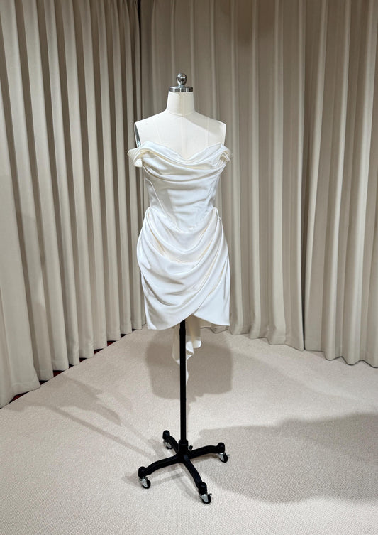 Minimalist Off Shoulder Satin Corset Short Wedding Dress | Blaire