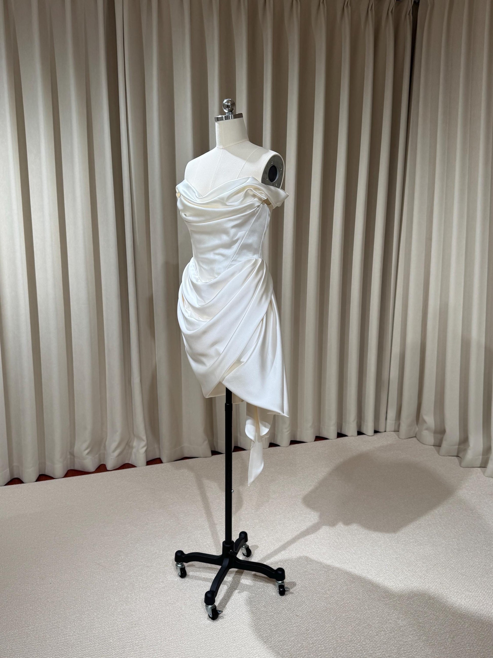 Minimalist Off Shoulder Satin Corset Short Wedding Dress | Blaire
