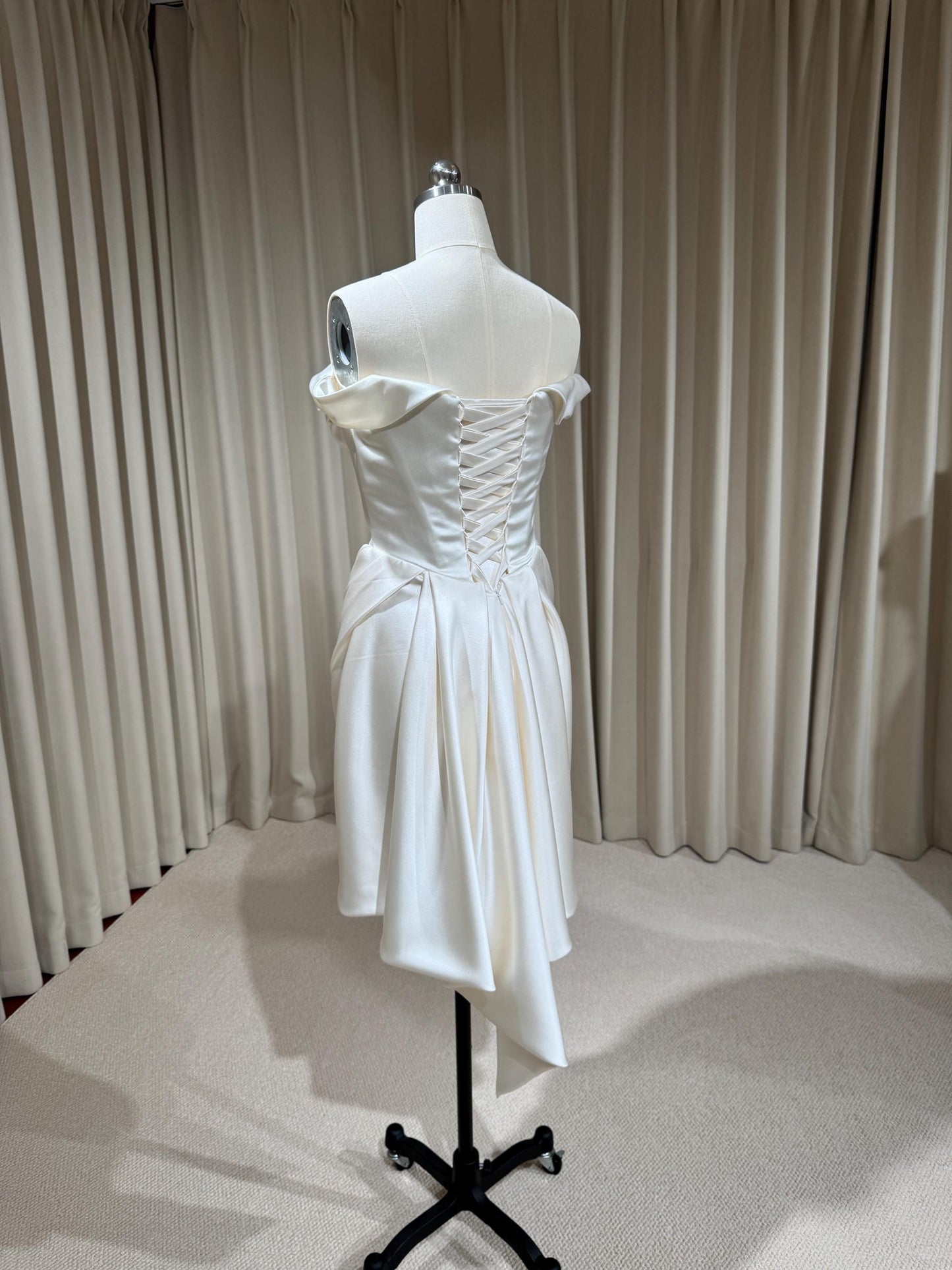 Minimalist Off Shoulder Satin Corset Short Wedding Dress | Blaire
