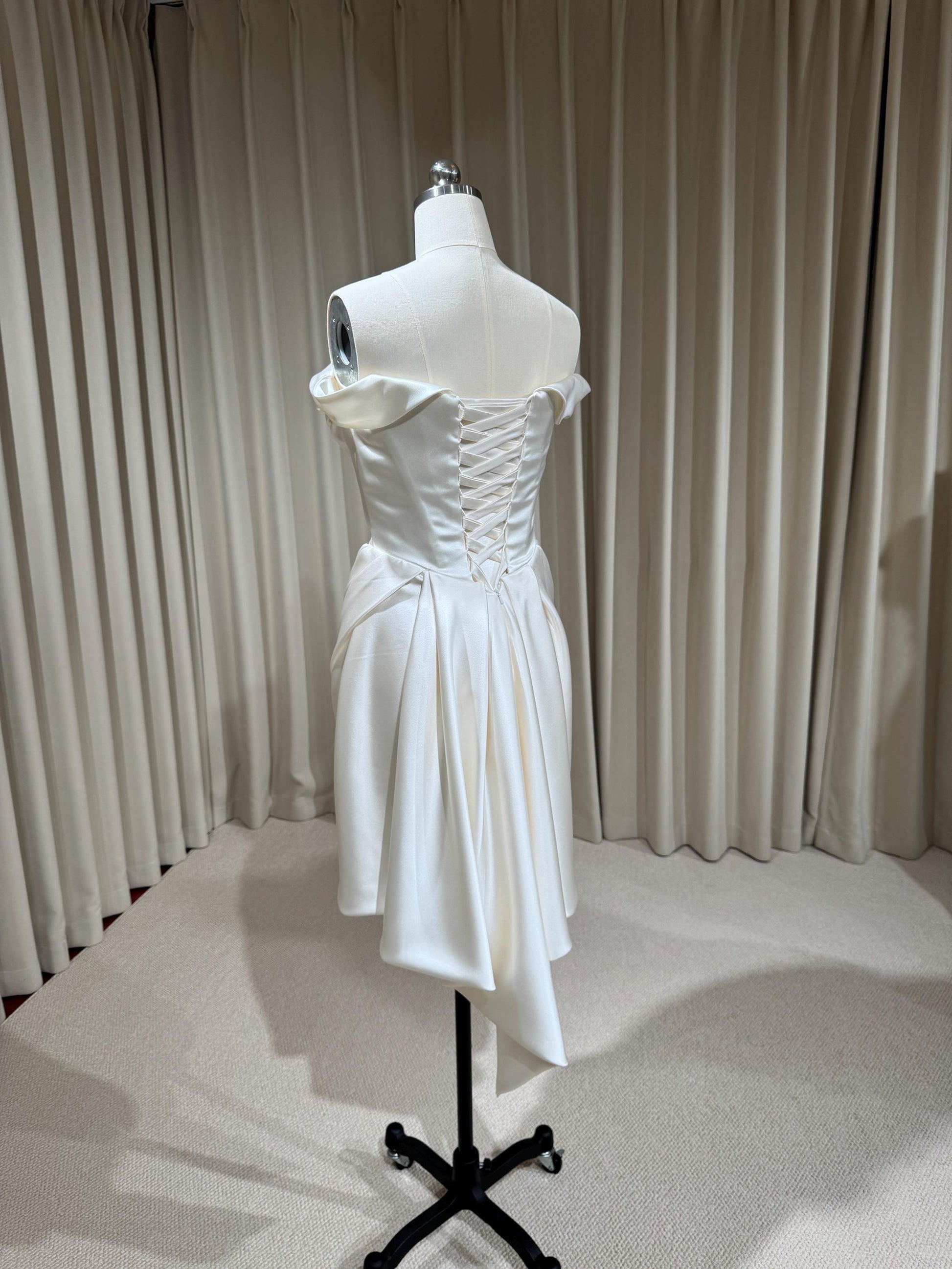 Minimalist Off Shoulder Satin Corset Short Wedding Dress | Blaire