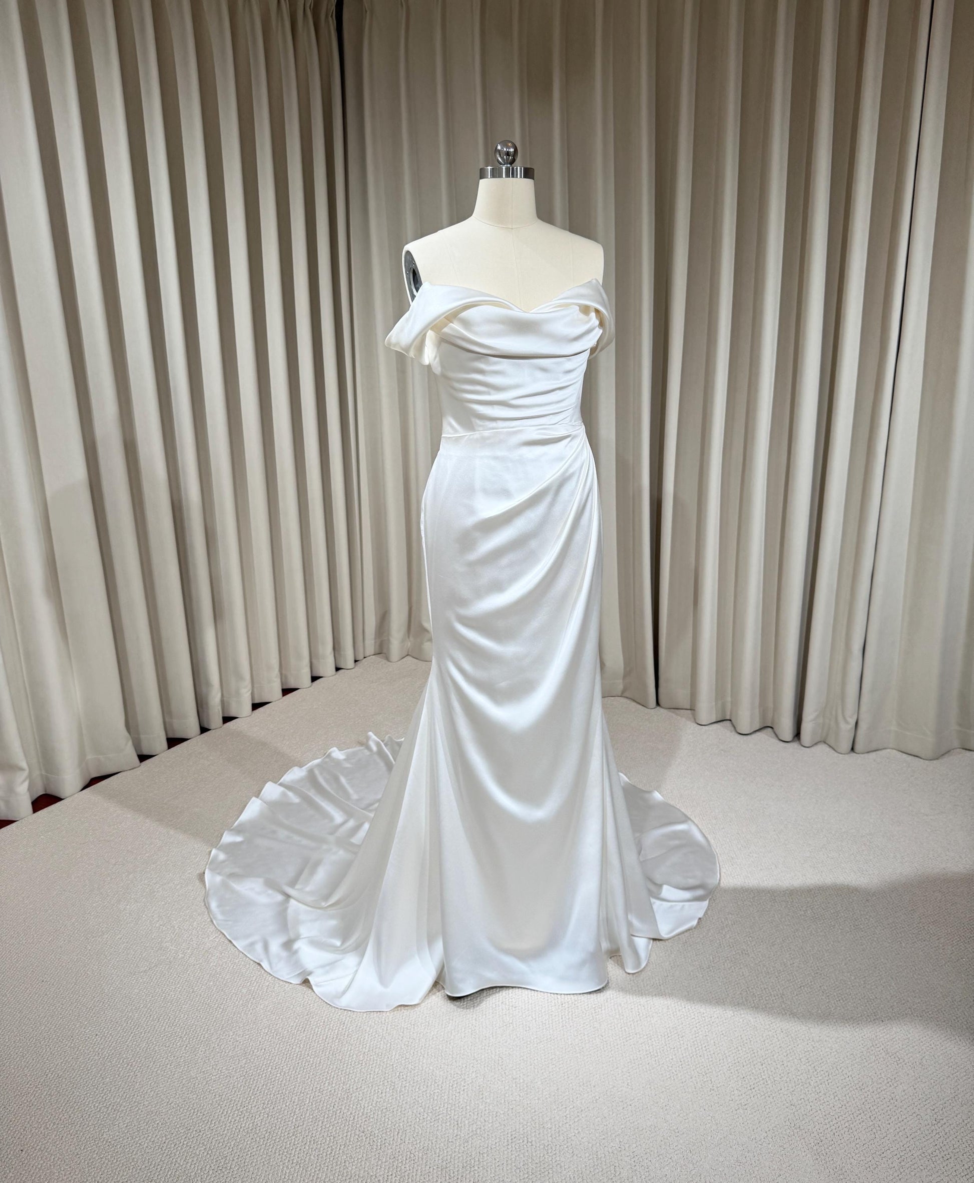 Minimalist Off Shoulder Satin Corset Mermaid Wedding Dress | Elene
