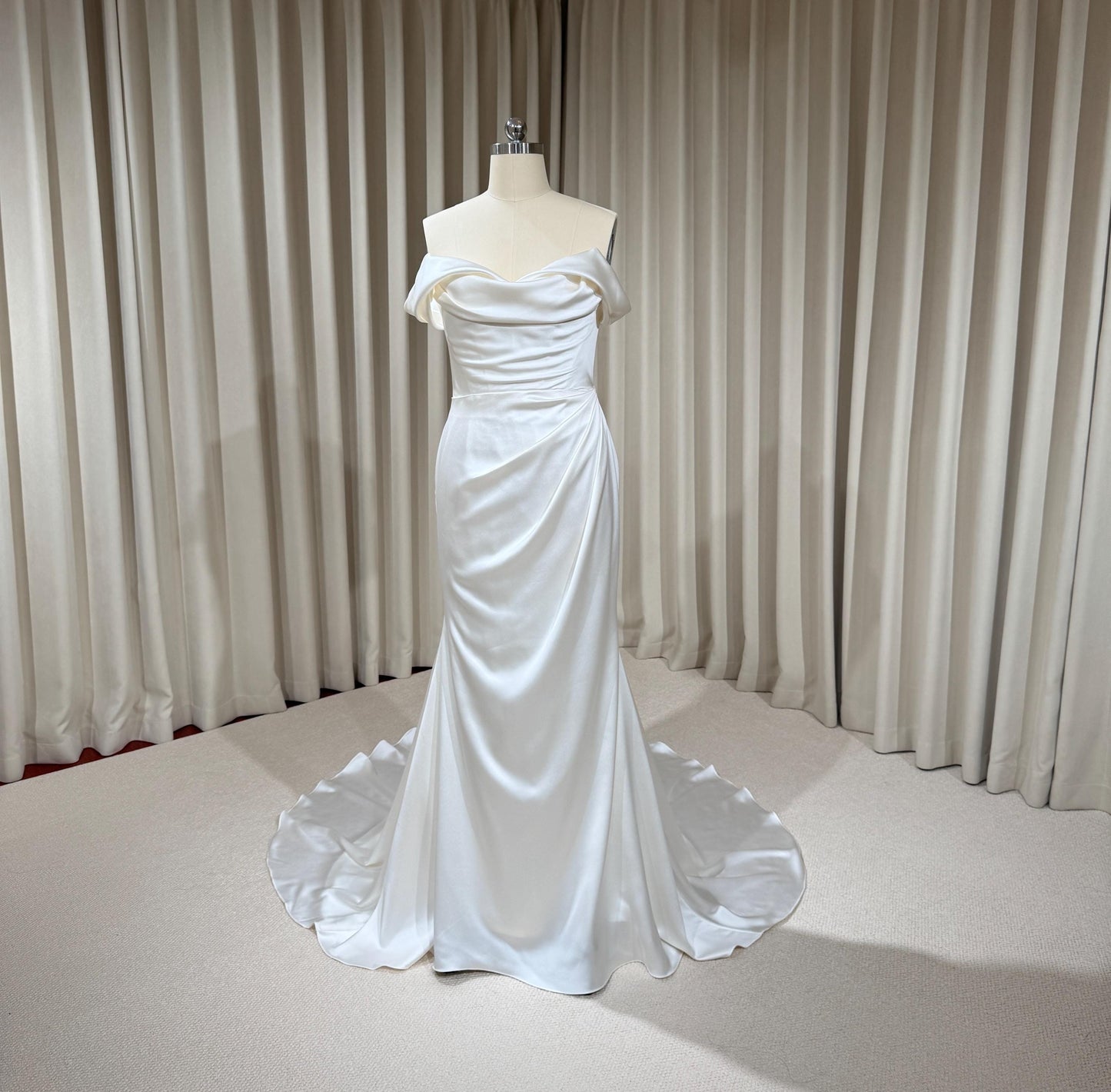 Minimalist Off Shoulder Satin Corset Mermaid Wedding Dress | Elene
