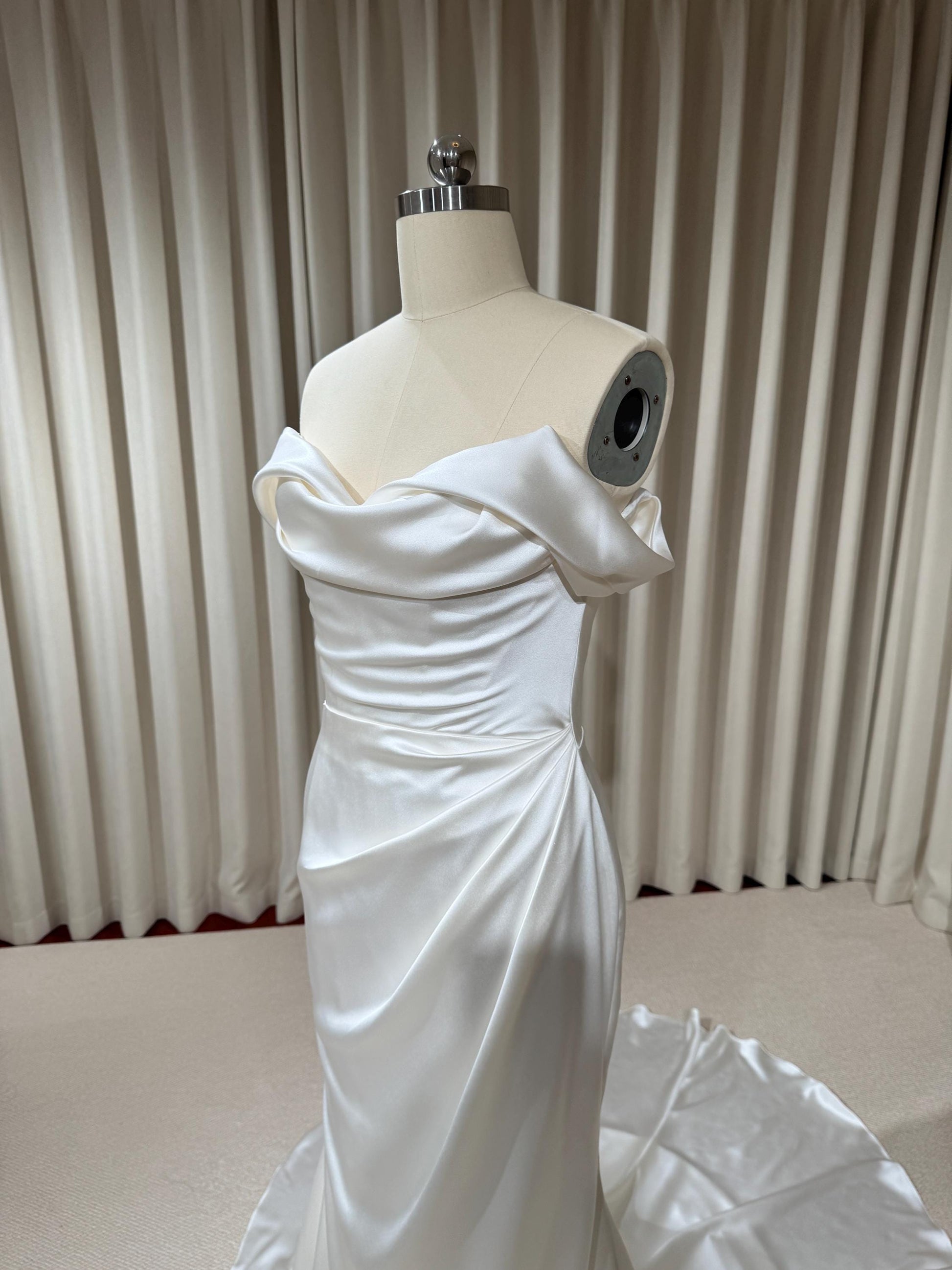Minimalist Off Shoulder Satin Corset Mermaid Wedding Dress | Elene