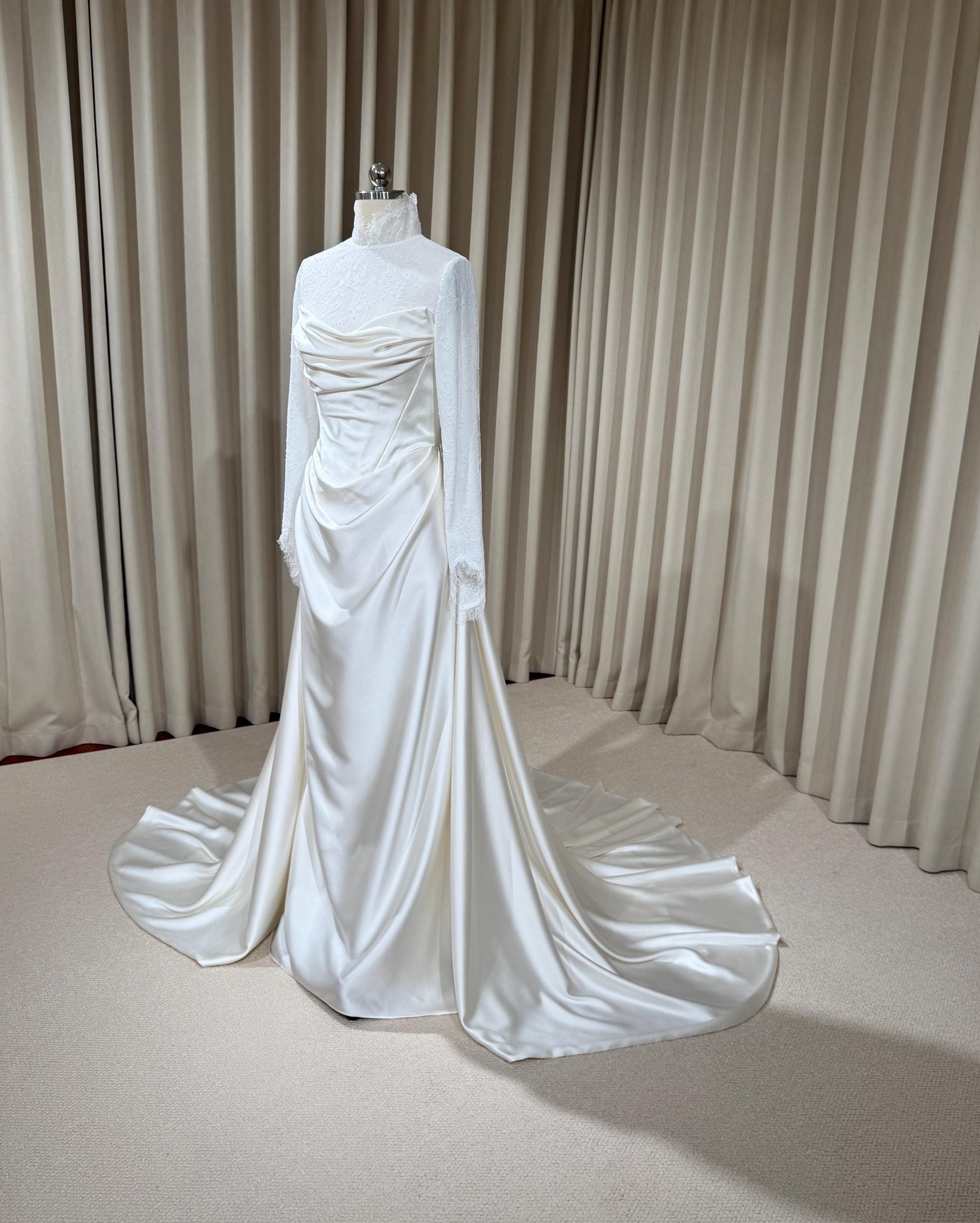 Minimalist High Neck Long Sleeve Lace Top and Satin Corset Wedding Dress with Detachable Train | Hannan