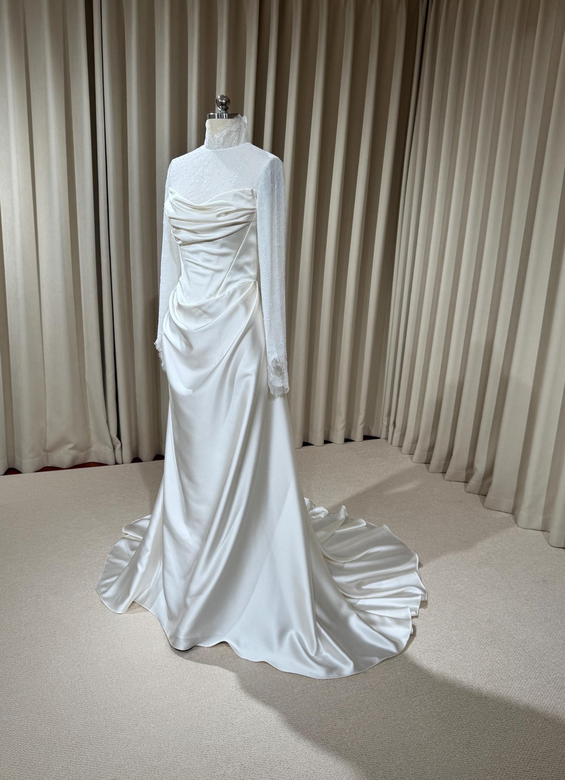 Minimalist High Neck Long Sleeve Lace Top and Satin Corset Wedding Dress with Detachable Train | Hannan