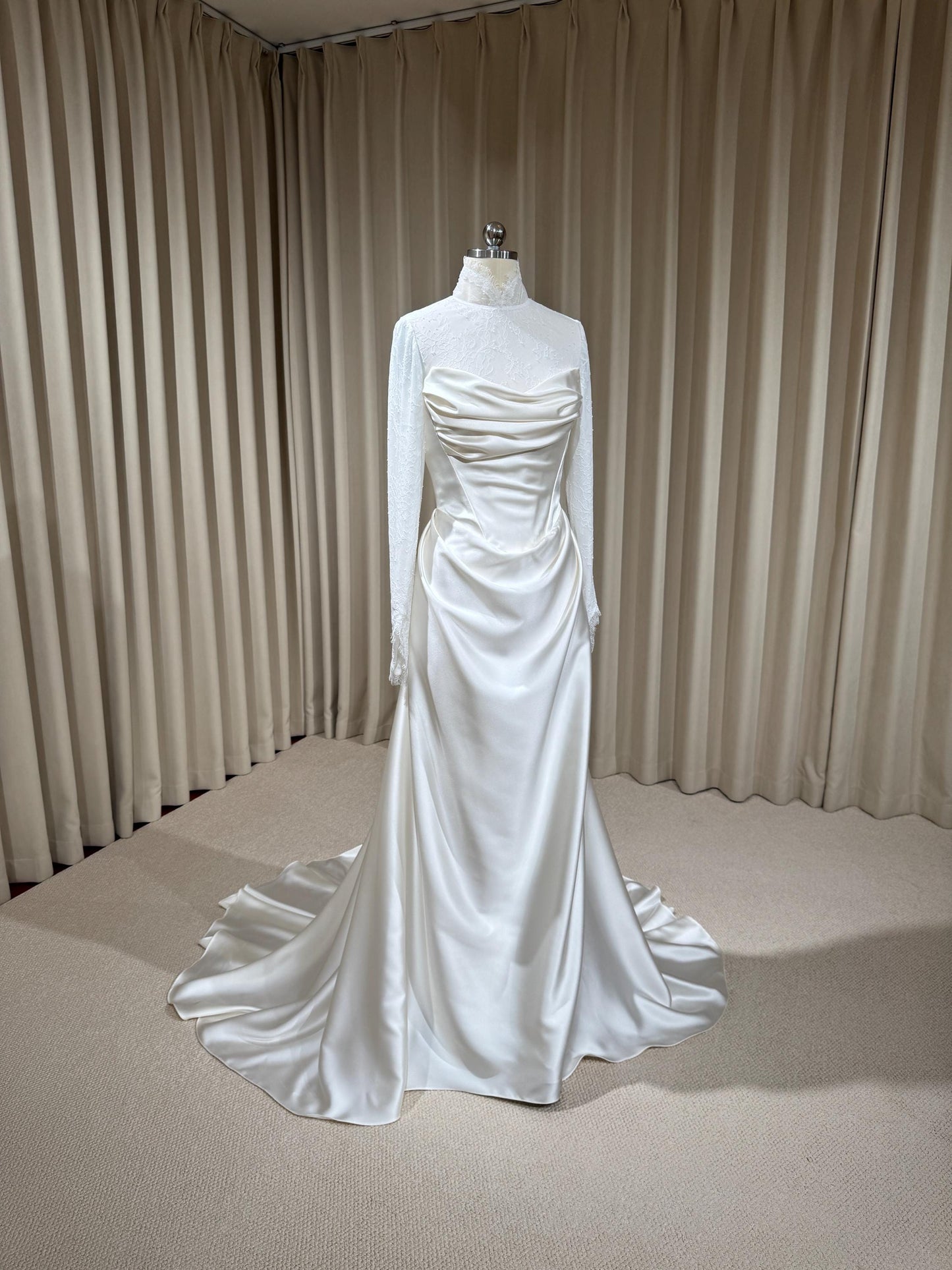 Minimalist High Neck Long Sleeve Lace Top and Satin Corset Wedding Dress with Detachable Train | Hannan