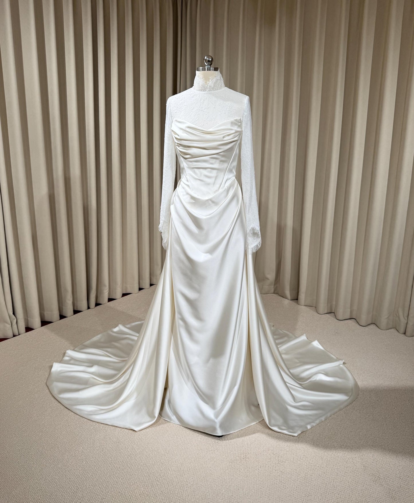 Minimalist High Neck Long Sleeve Lace Top and Satin Corset Wedding Dress with Detachable Train | Hannan