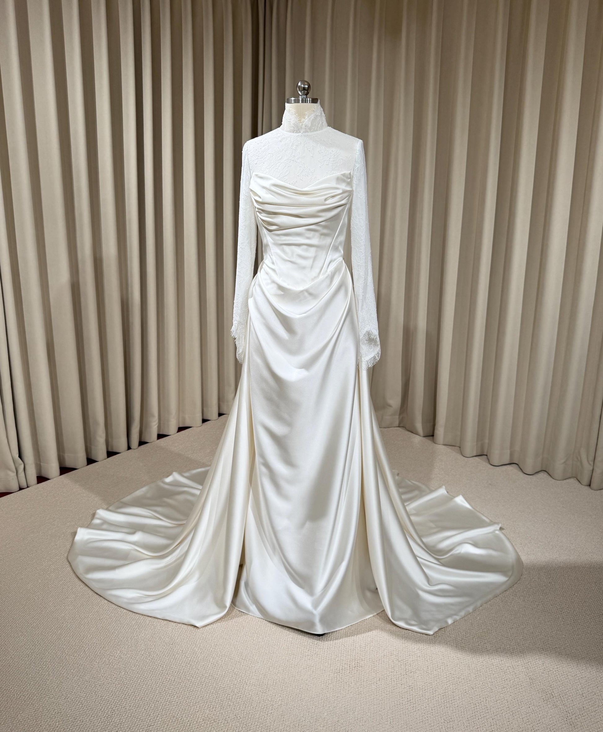 Minimalist High Neck Long Sleeve Lace Top and Satin Corset Wedding Dress with Detachable Train | Hannan