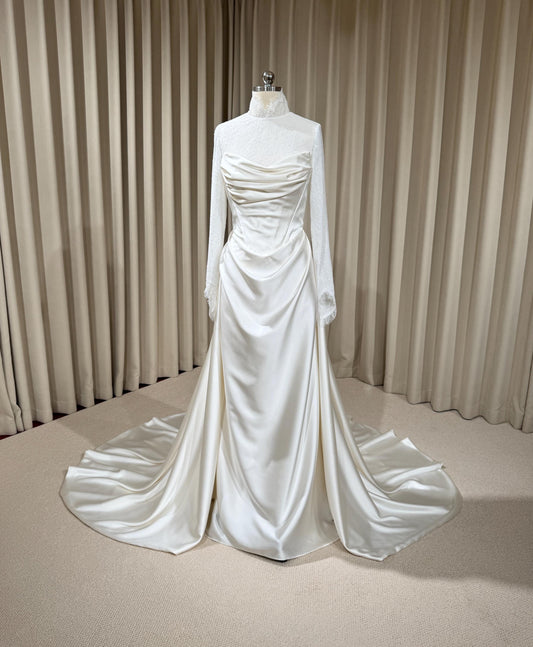 Minimalist High Neck Long Sleeve Lace Top and Satin Corset Wedding Dress with Detachable Train | Hannan