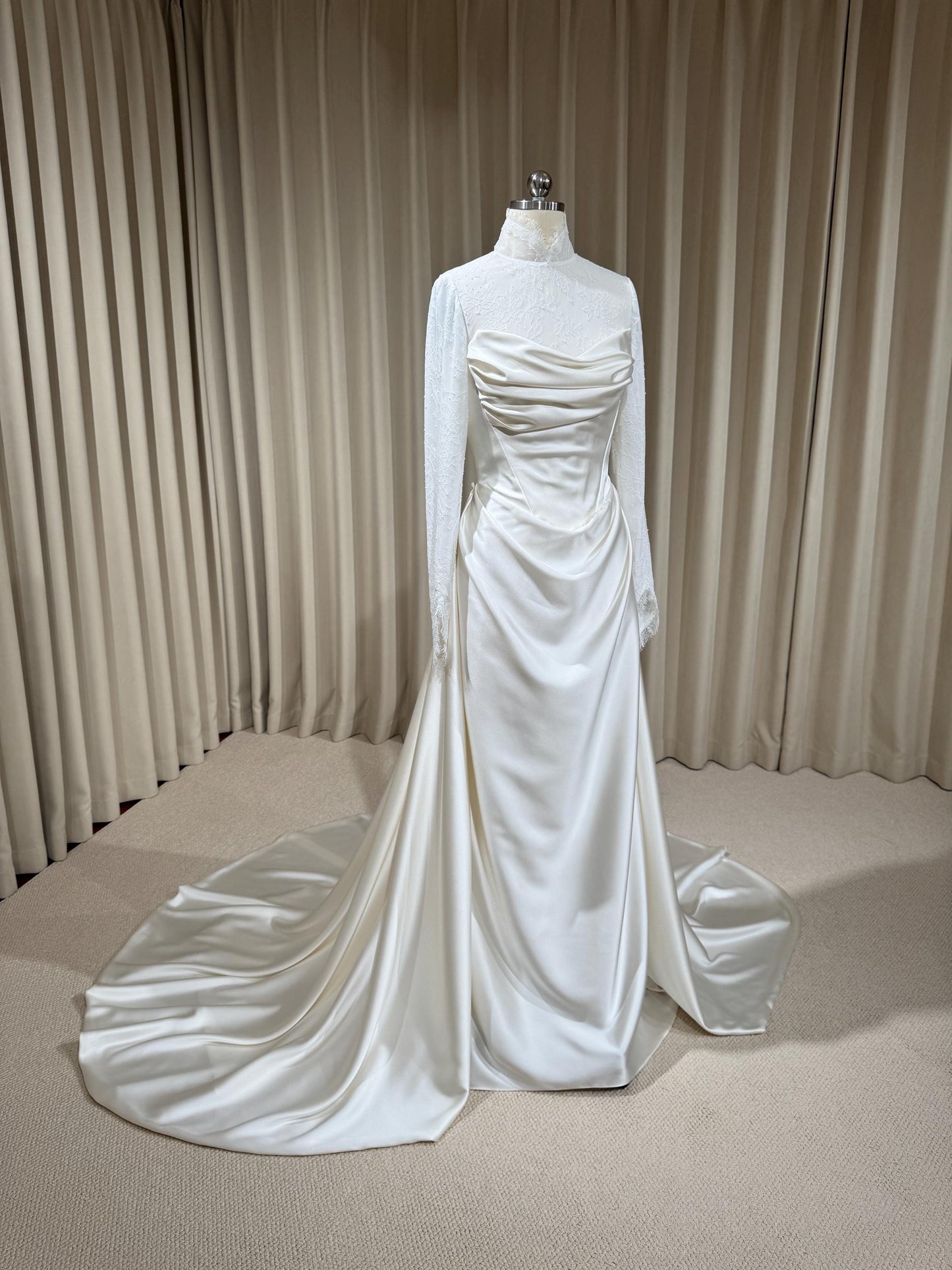 Minimalist High Neck Long Sleeve Lace Top and Satin Corset Wedding Dress with Detachable Train | Hannan