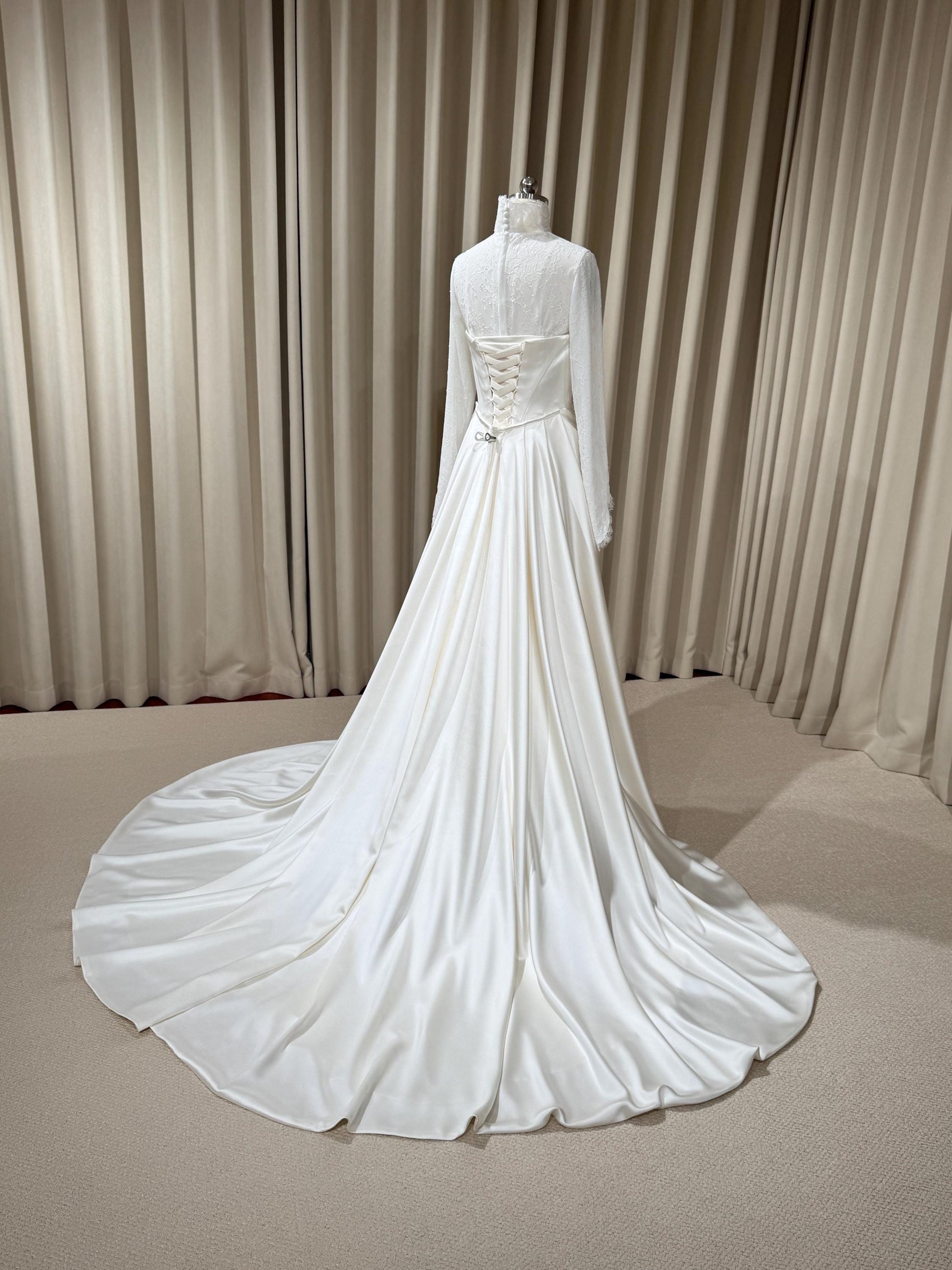 Minimalist High Neck Long Sleeve Lace Top and Satin Corset Wedding Dress with Detachable Train | Hannan