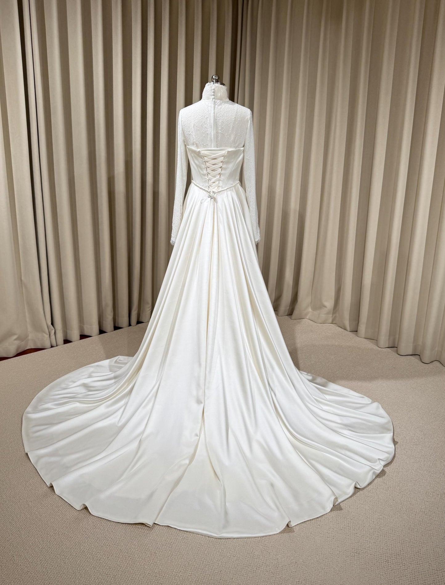 Minimalist High Neck Long Sleeve Lace Top and Satin Corset Wedding Dress with Detachable Train | Hannan