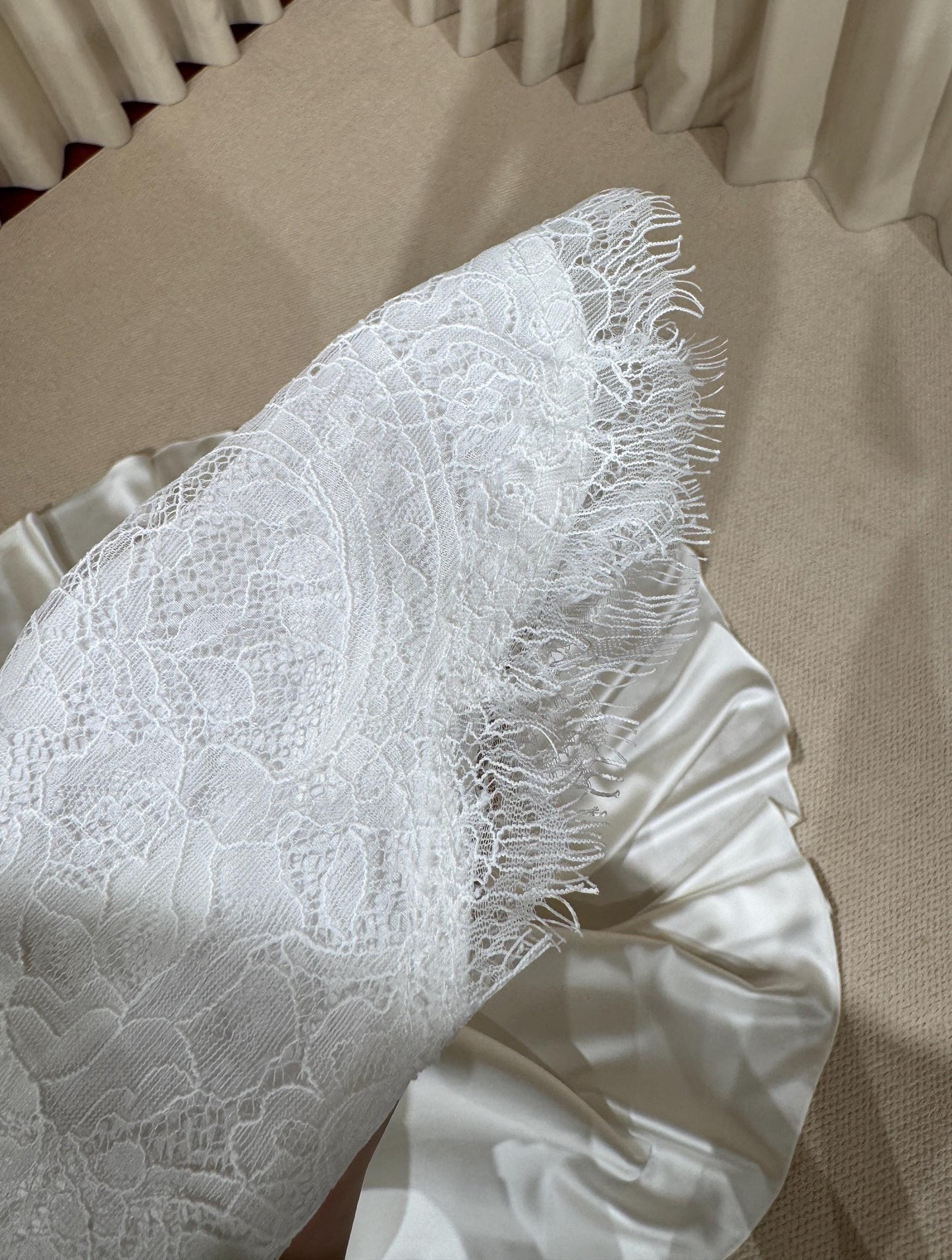 Minimalist High Neck Long Sleeve Lace Top and Satin Corset Wedding Dress with Detachable Train | Hannan