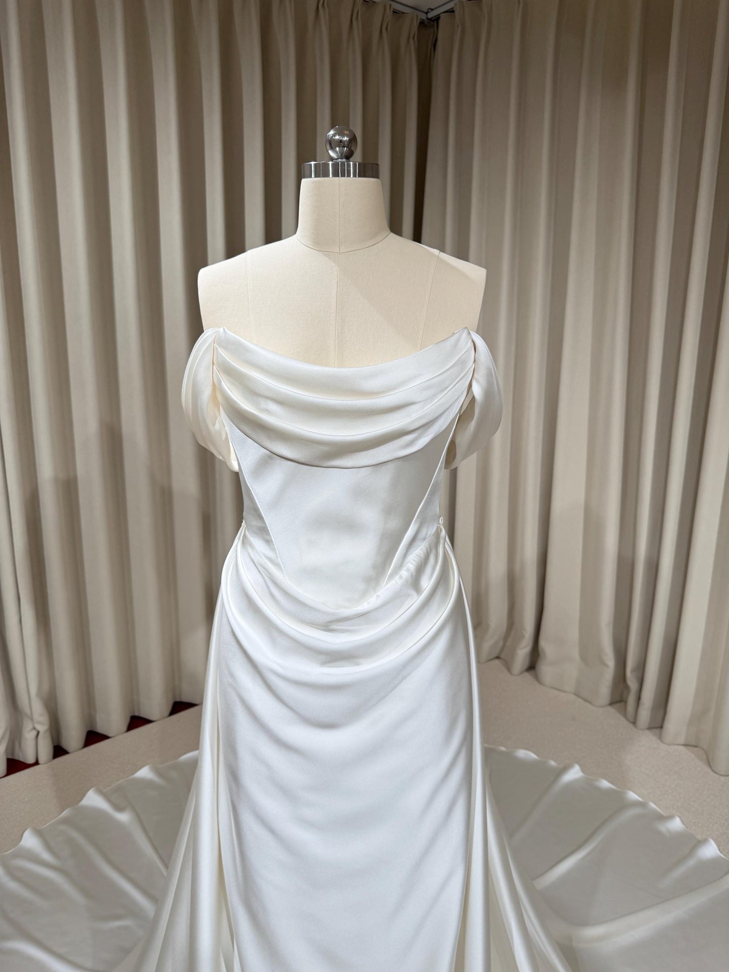 Minimalist Satin Corset Wedding Dress with Scarf and Detachable Train & Sleeves | Molly