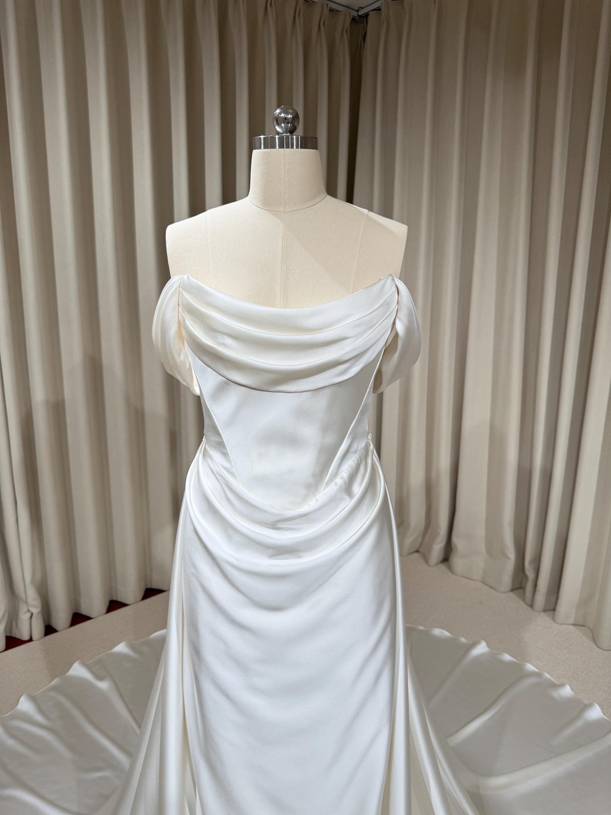 Minimalist Satin Corset Wedding Dress with Scarf and Detachable Train & Sleeves | Molly