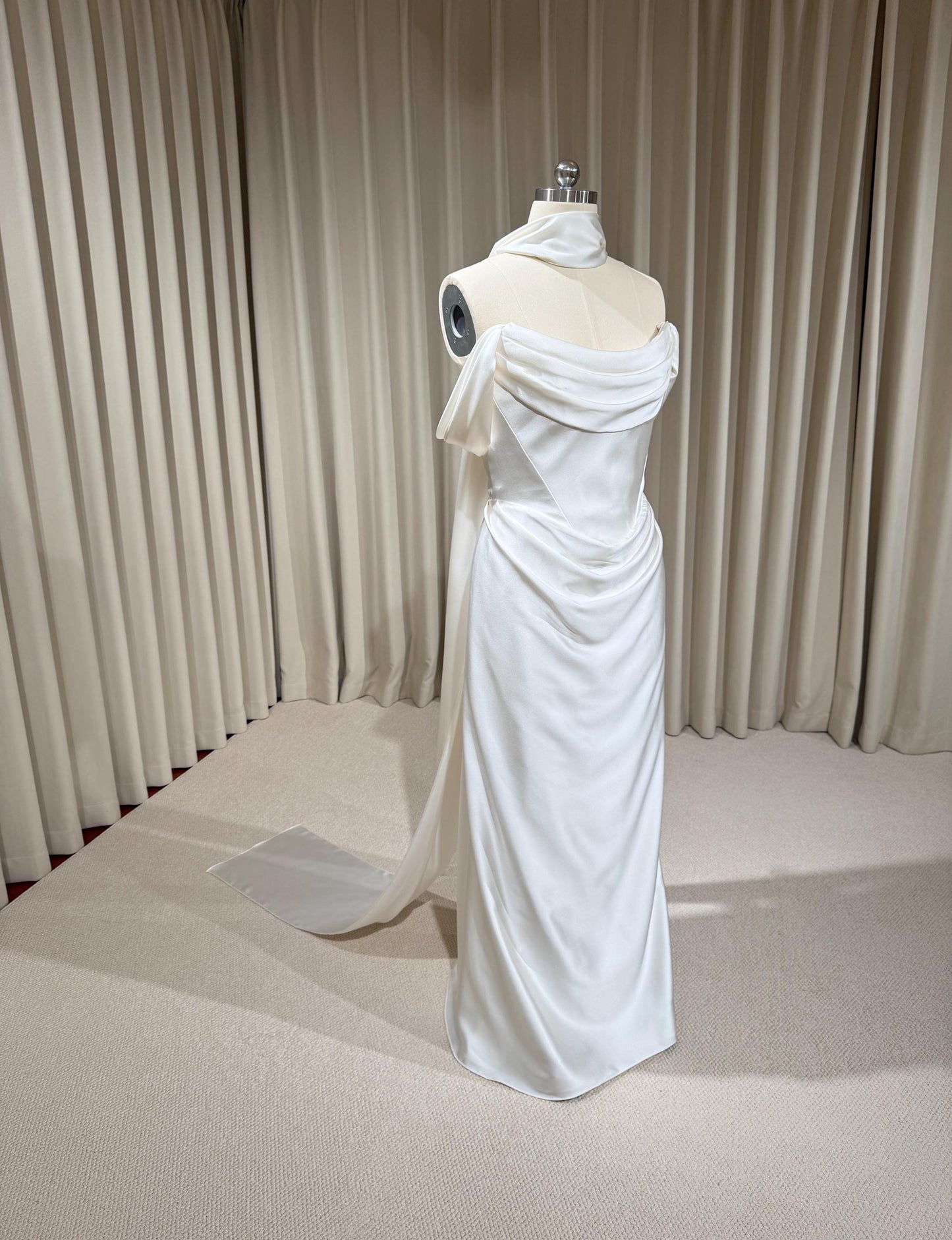 Minimalist Satin Corset Wedding Dress with Scarf and Detachable Train & Sleeves | Molly