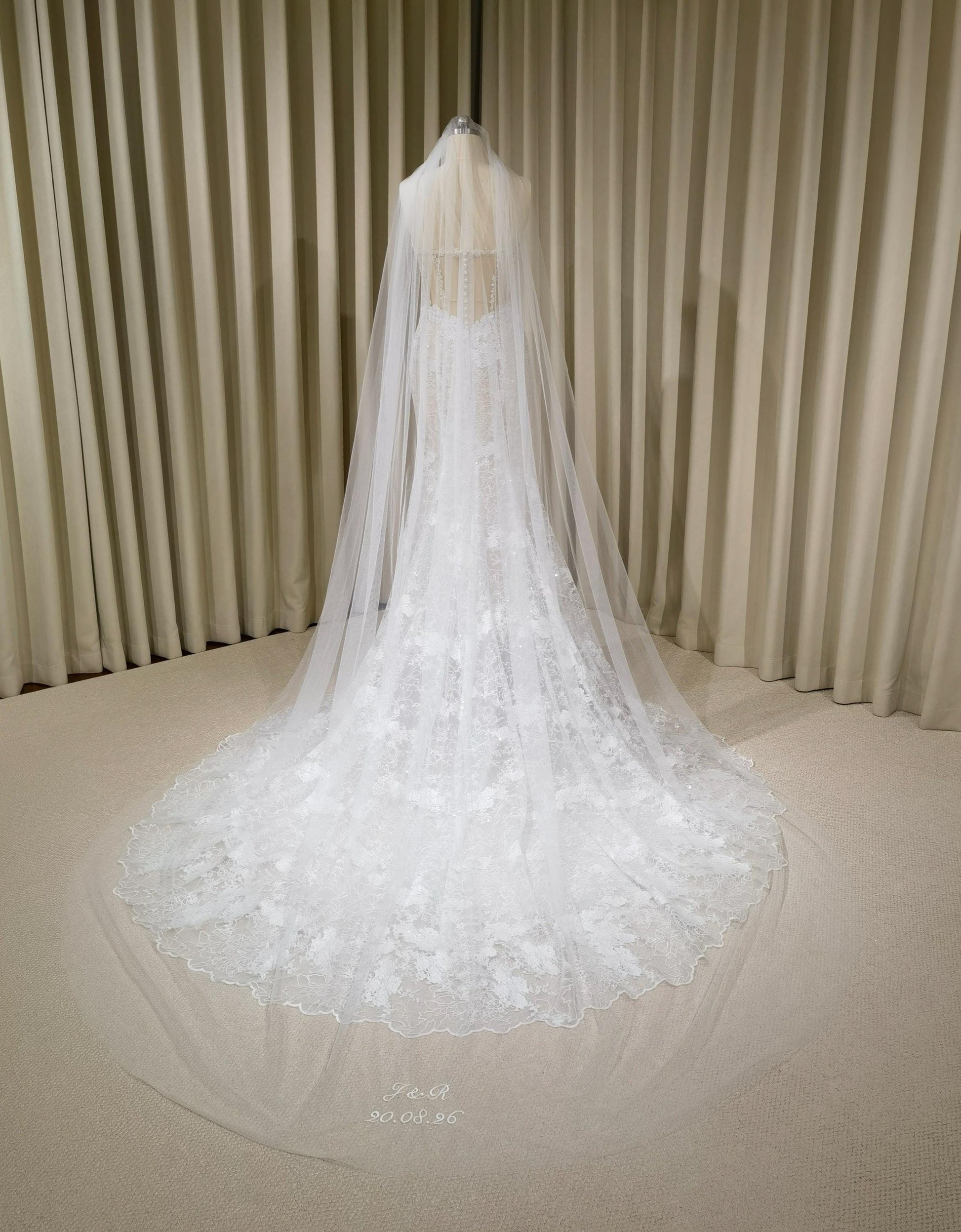 1 Tier Soft Tulle Wedding Veil with Hand Embroidery (Name Initials & Wedding Date)