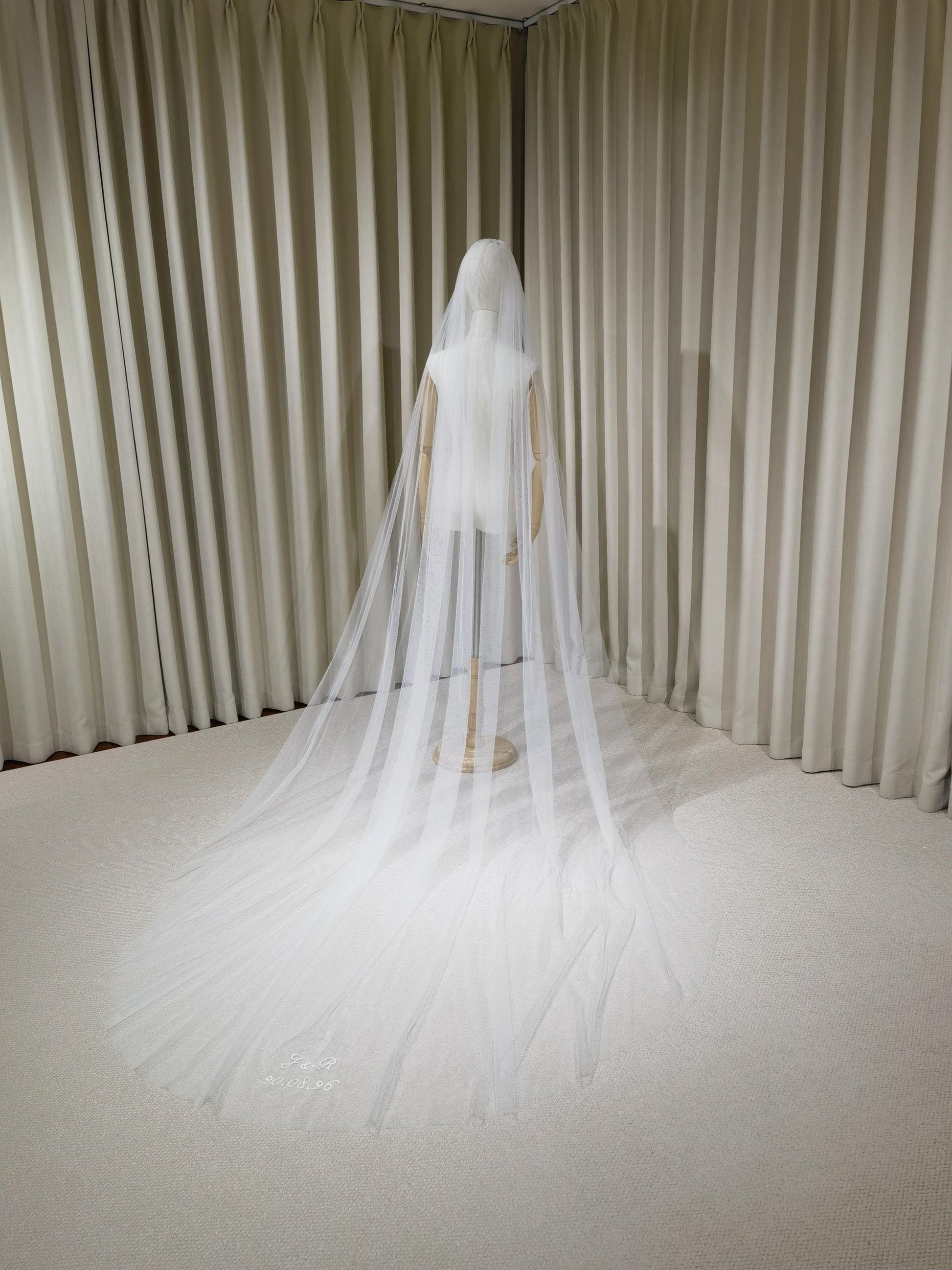 1 Tier Soft Tulle Wedding Veil with Hand Embroidery (Name Initials & Wedding Date)