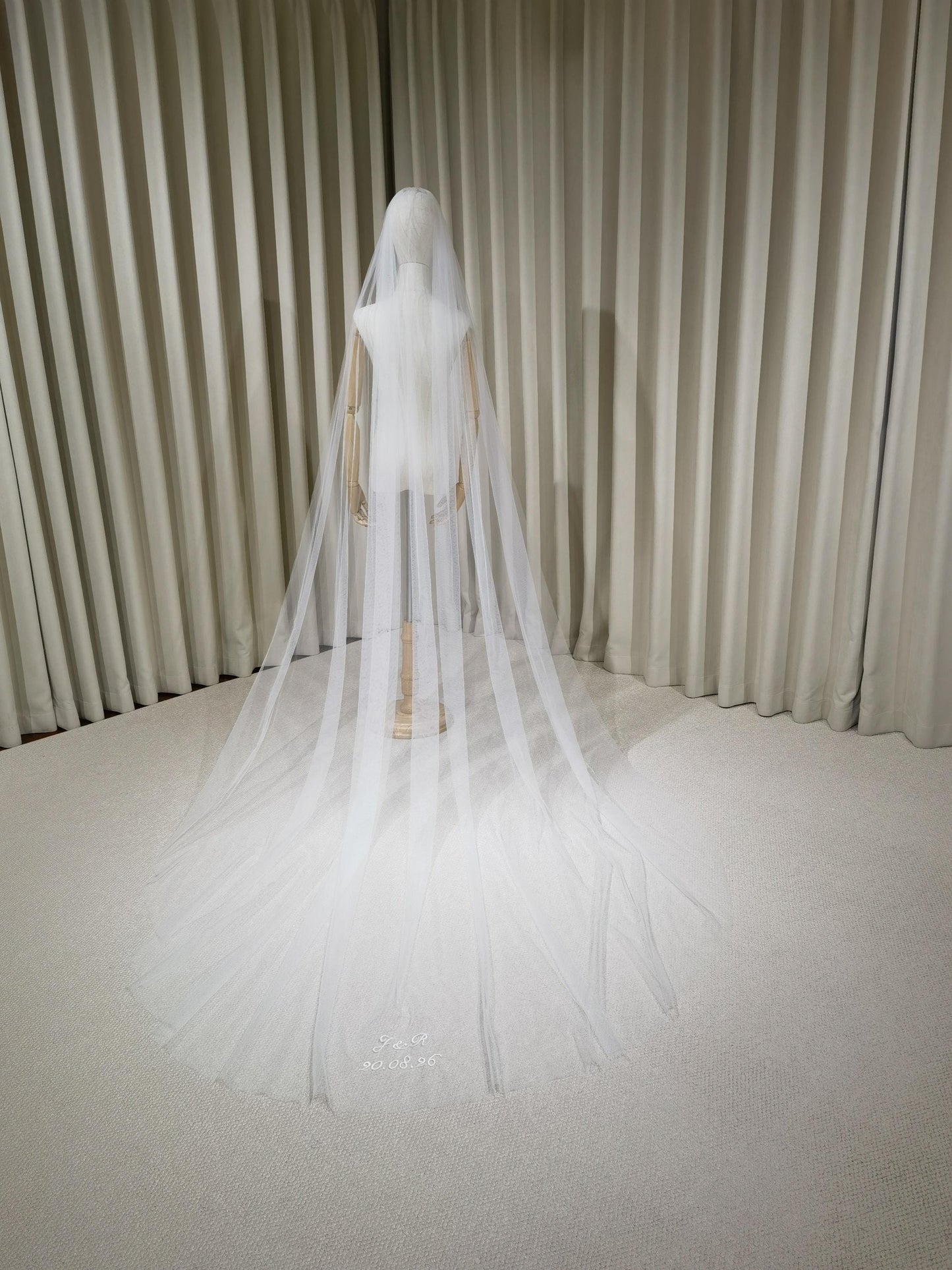 1 Tier Soft Tulle Wedding Veil with Hand Embroidery (Name Initials & Wedding Date)