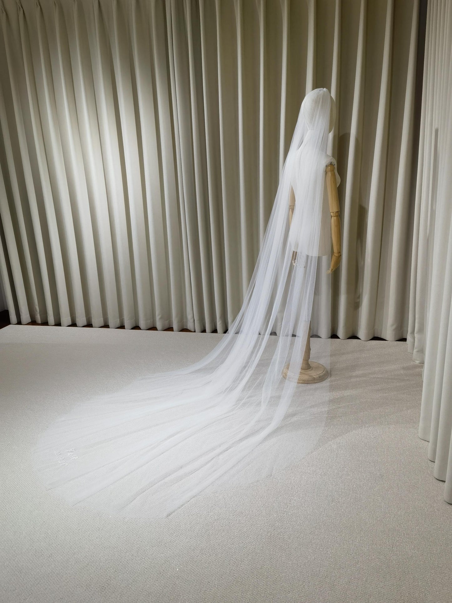 1 Tier Soft Tulle Wedding Veil with Hand Embroidery (Name Initials & Wedding Date)