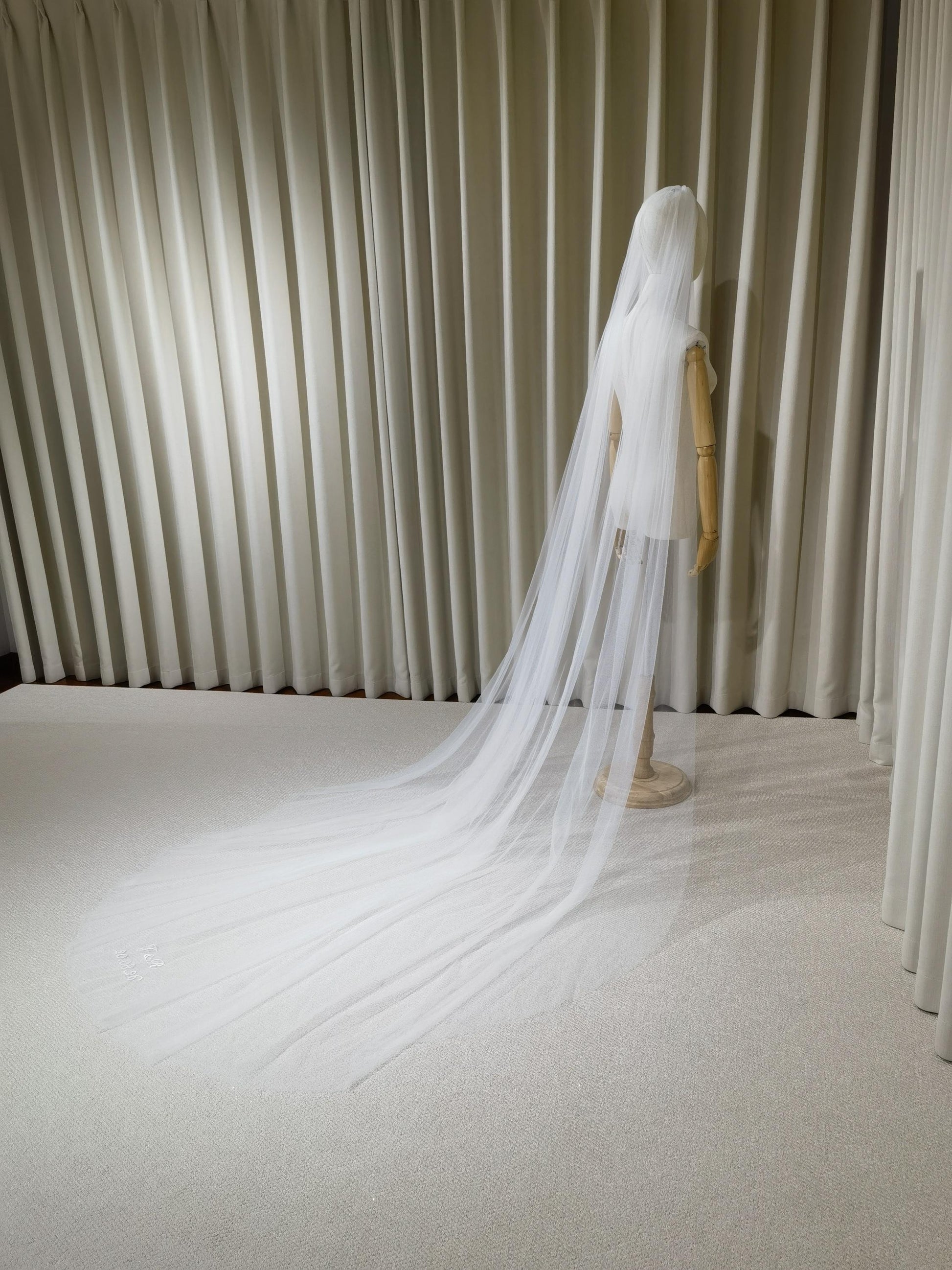 1 Tier Soft Tulle Wedding Veil with Hand Embroidery (Name Initials & Wedding Date)