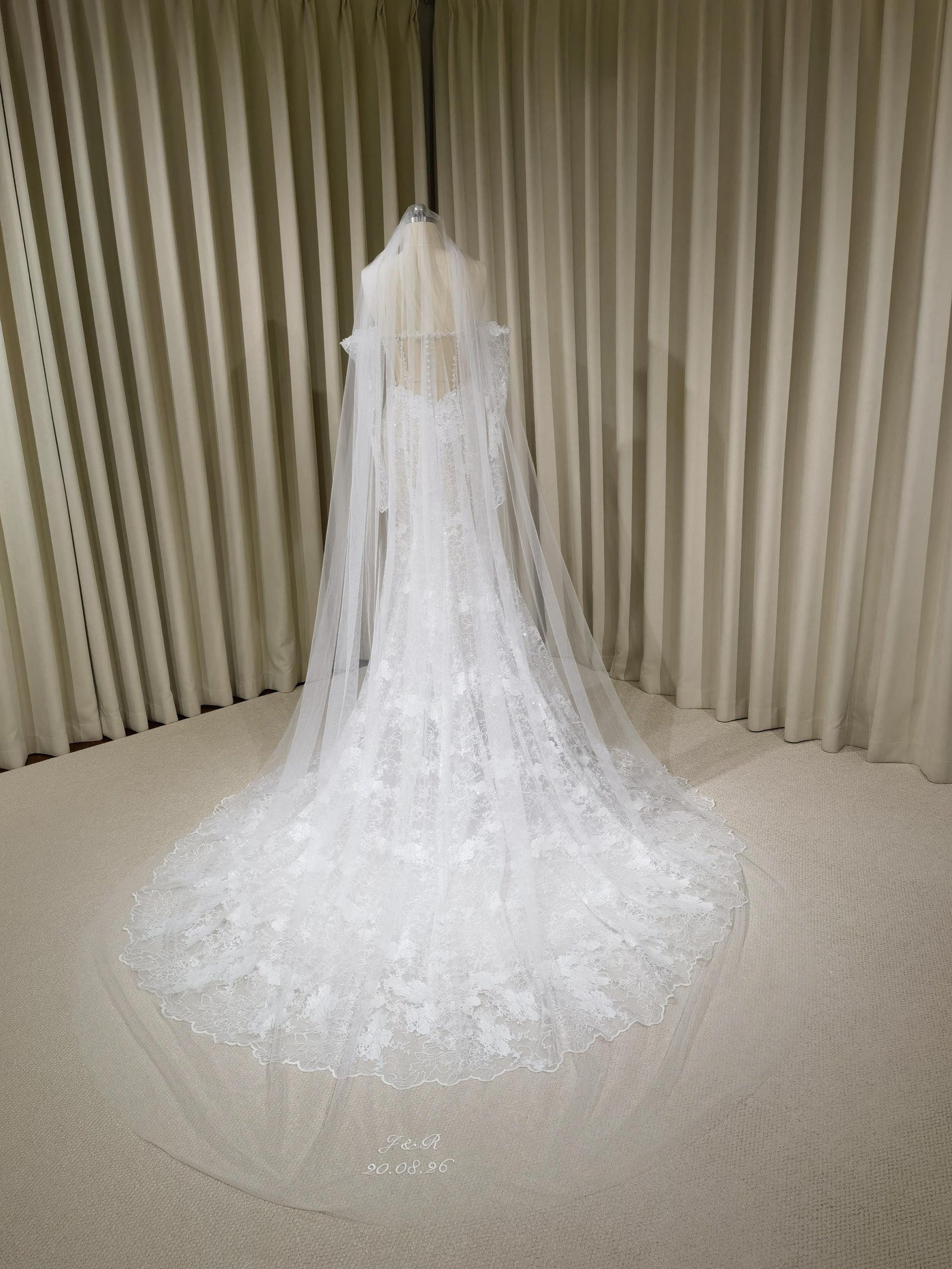 1 Tier Soft Tulle Wedding Veil with Hand Embroidery (Name Initials & Wedding Date)