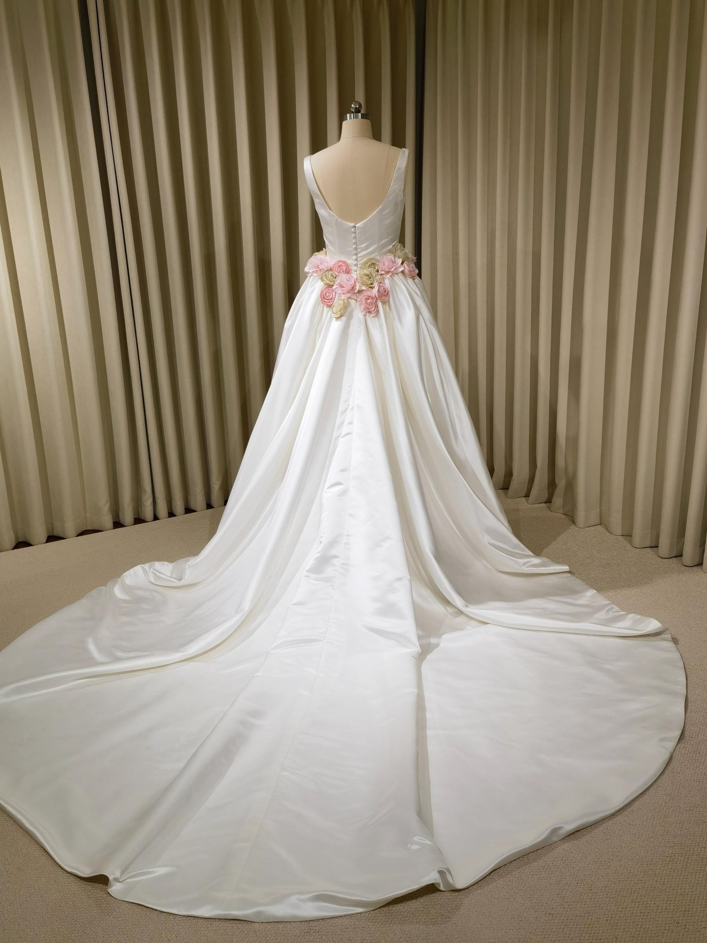 Minimalist Satin Corset Basque Waist Wedding Ballgown with Handmade Flowers and Detachable Bow | Abigail