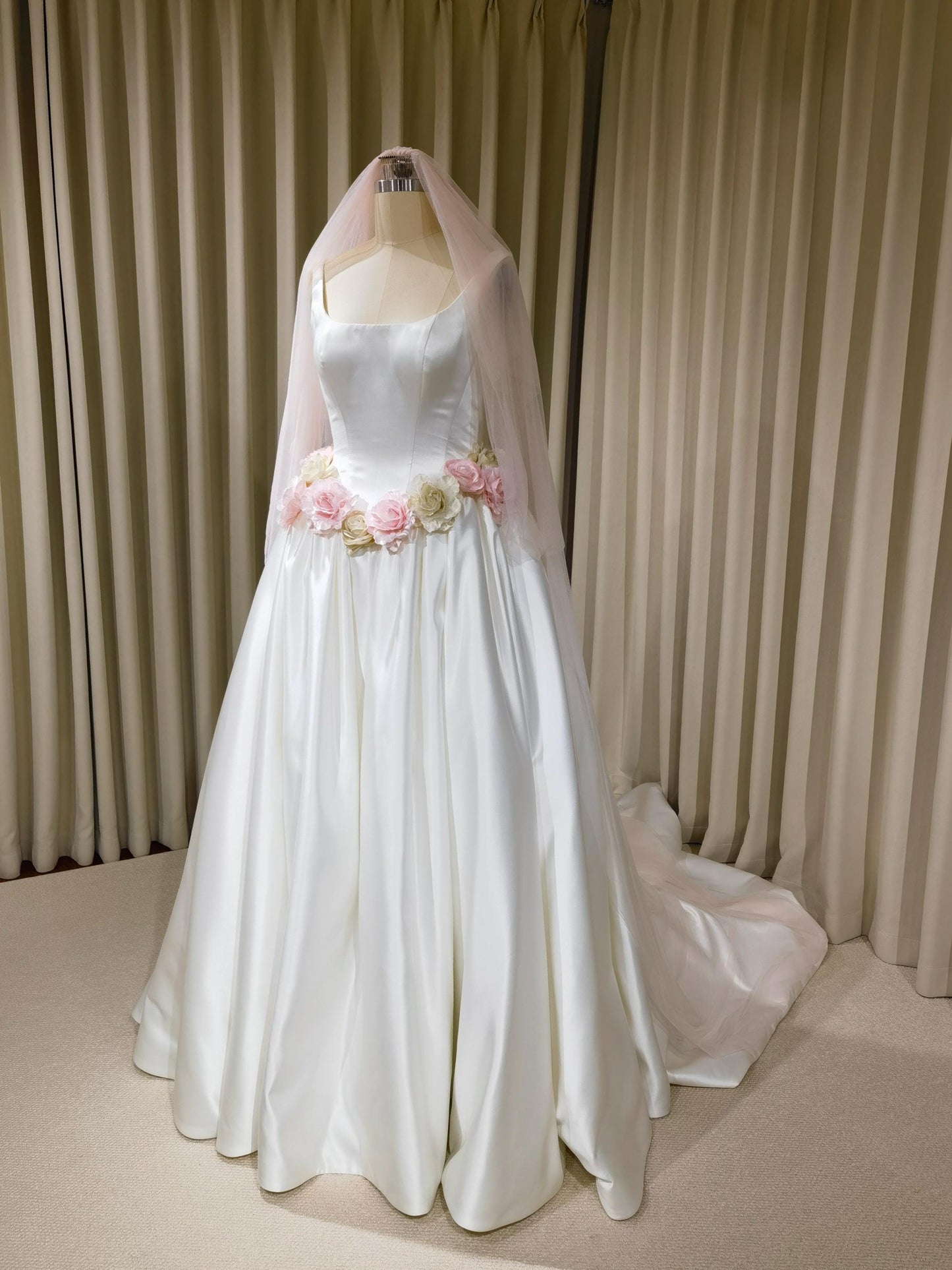 Minimalist Satin Corset Basque Waist Wedding Ballgown with Handmade Flowers and Detachable Bow | Abigail