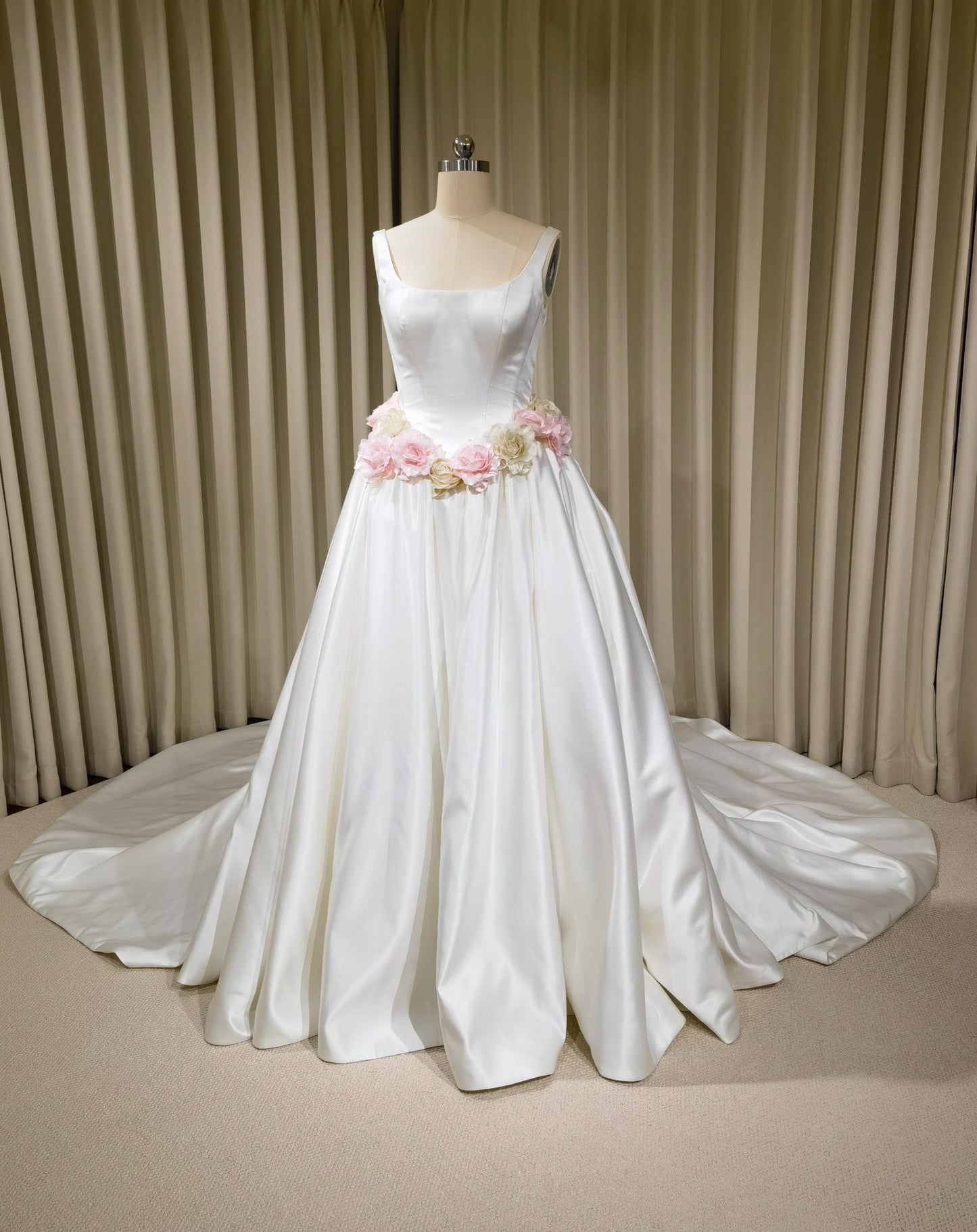 Minimalist Satin Corset Basque Waist Wedding Ballgown with Handmade Flowers and Detachable Bow | Abigail