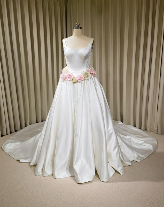 Minimalist Satin Corset Basque Waist Wedding Ballgown with Handmade Flowers and Detachable Bow | Abigail