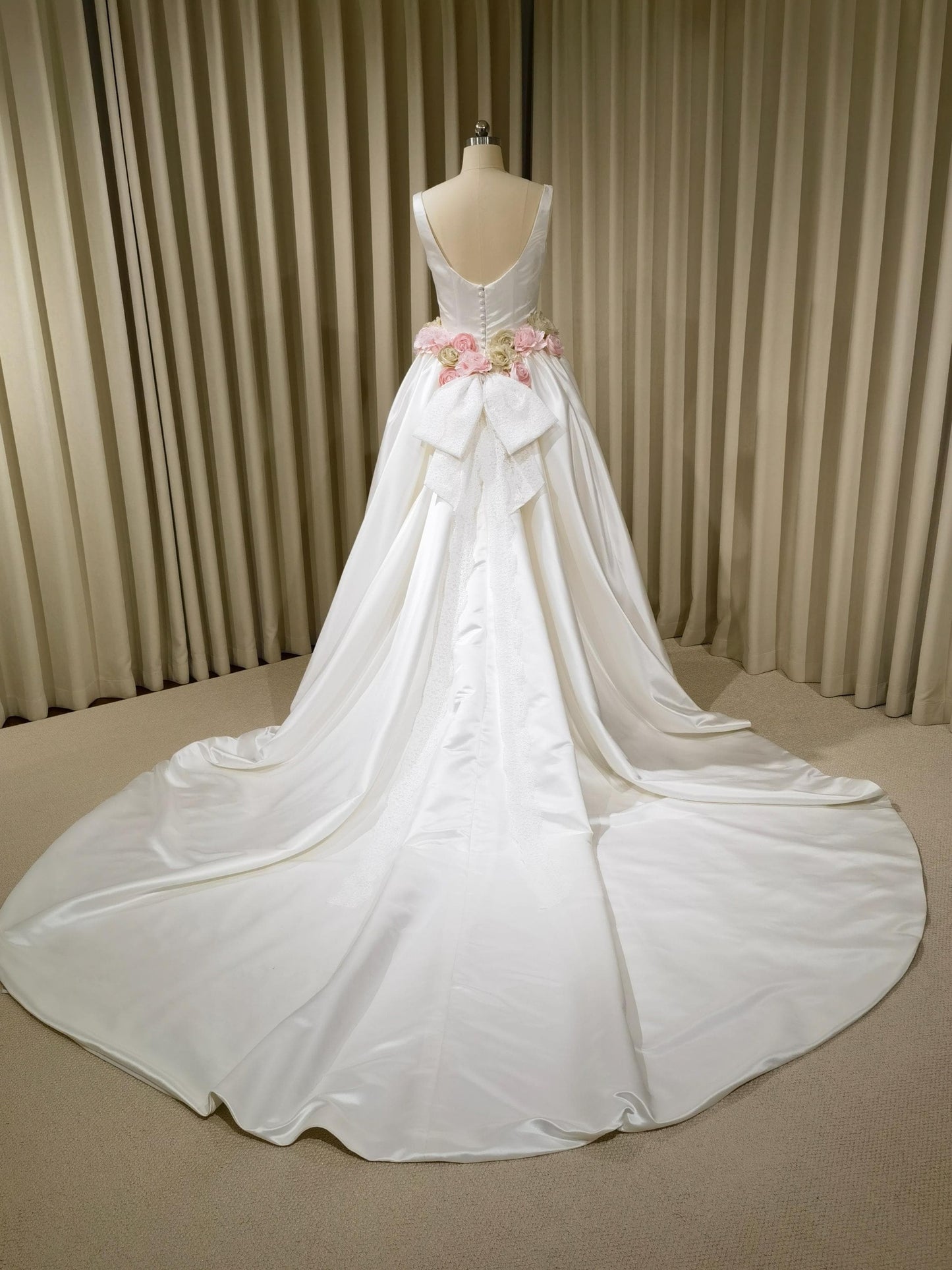 Minimalist Satin Corset Basque Waist Wedding Ballgown with Handmade Flowers and Detachable Bow | Abigail