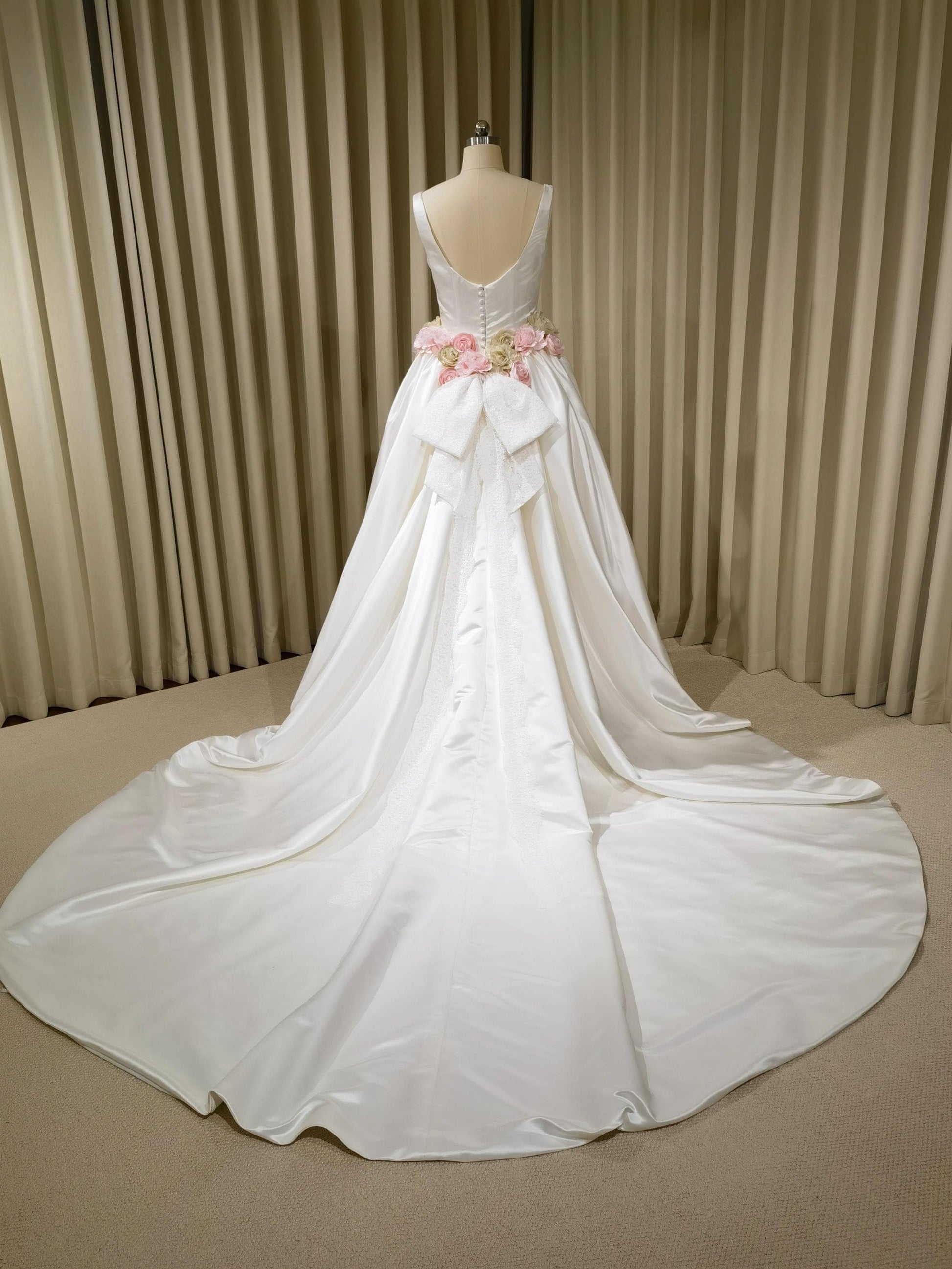 Minimalist Satin Corset Basque Waist Wedding Ballgown with Handmade Flowers and Detachable Bow | Abigail