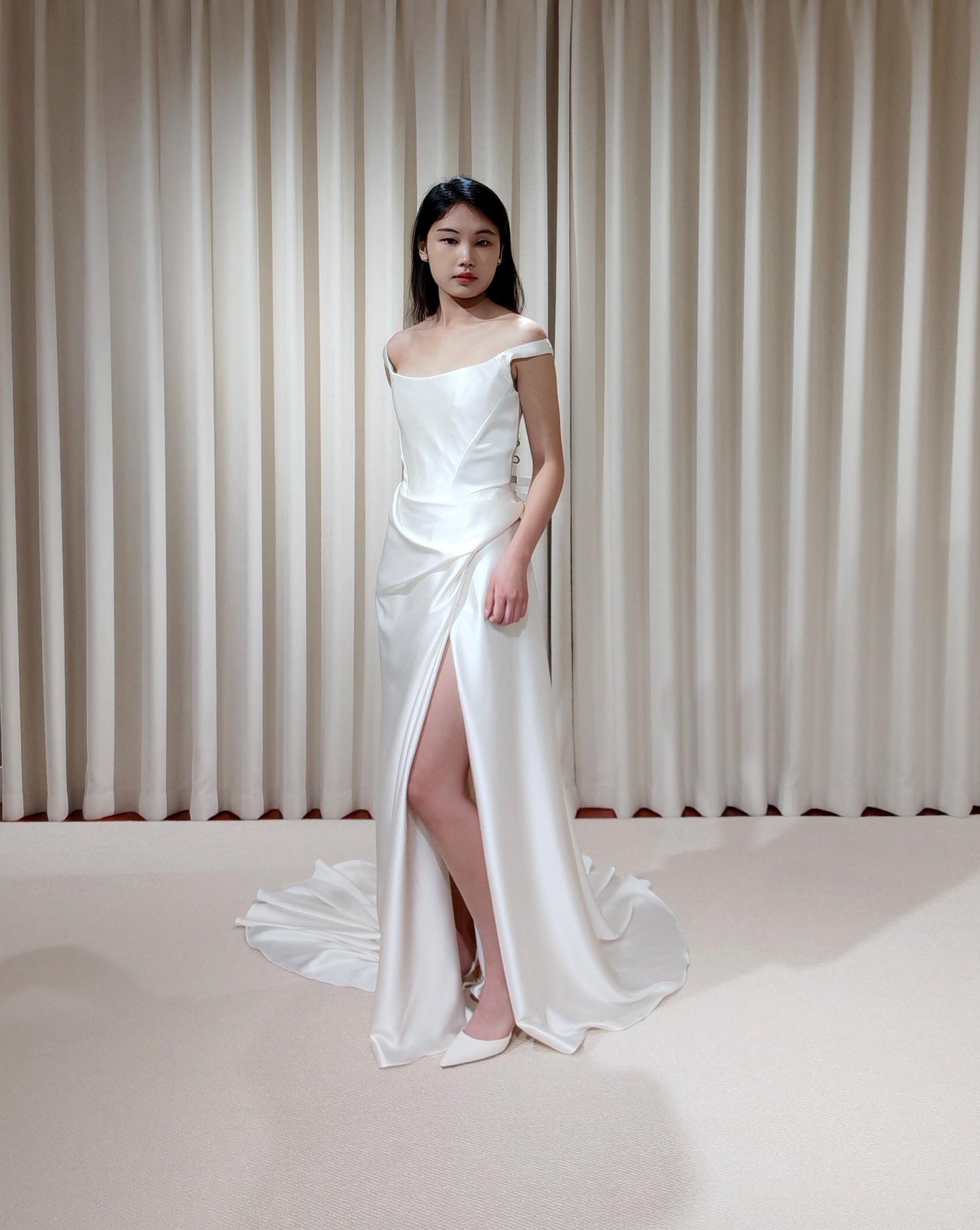 Minimalist Off Shoulder Satin Corset Wedding Dress with Slit | Chantel