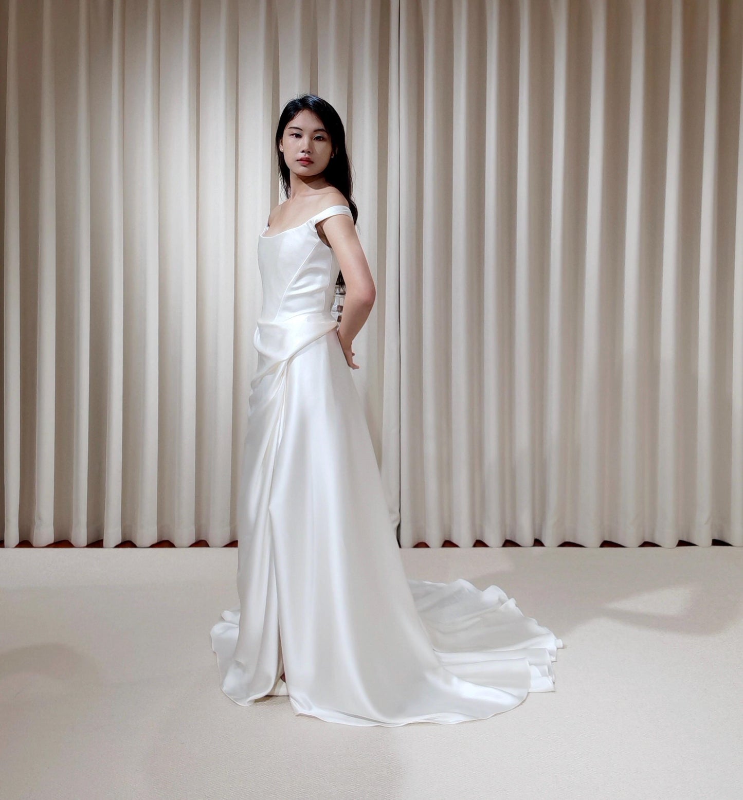 Minimalist Off Shoulder Satin Corset Wedding Dress with Slit | Chantel