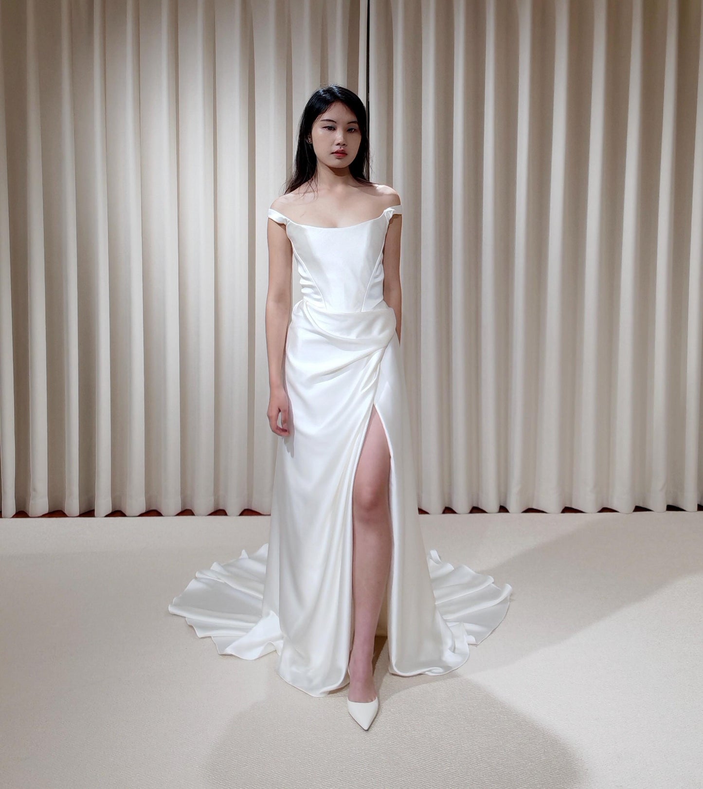 Minimalist Off Shoulder Satin Corset Wedding Dress with Slit | Chantel