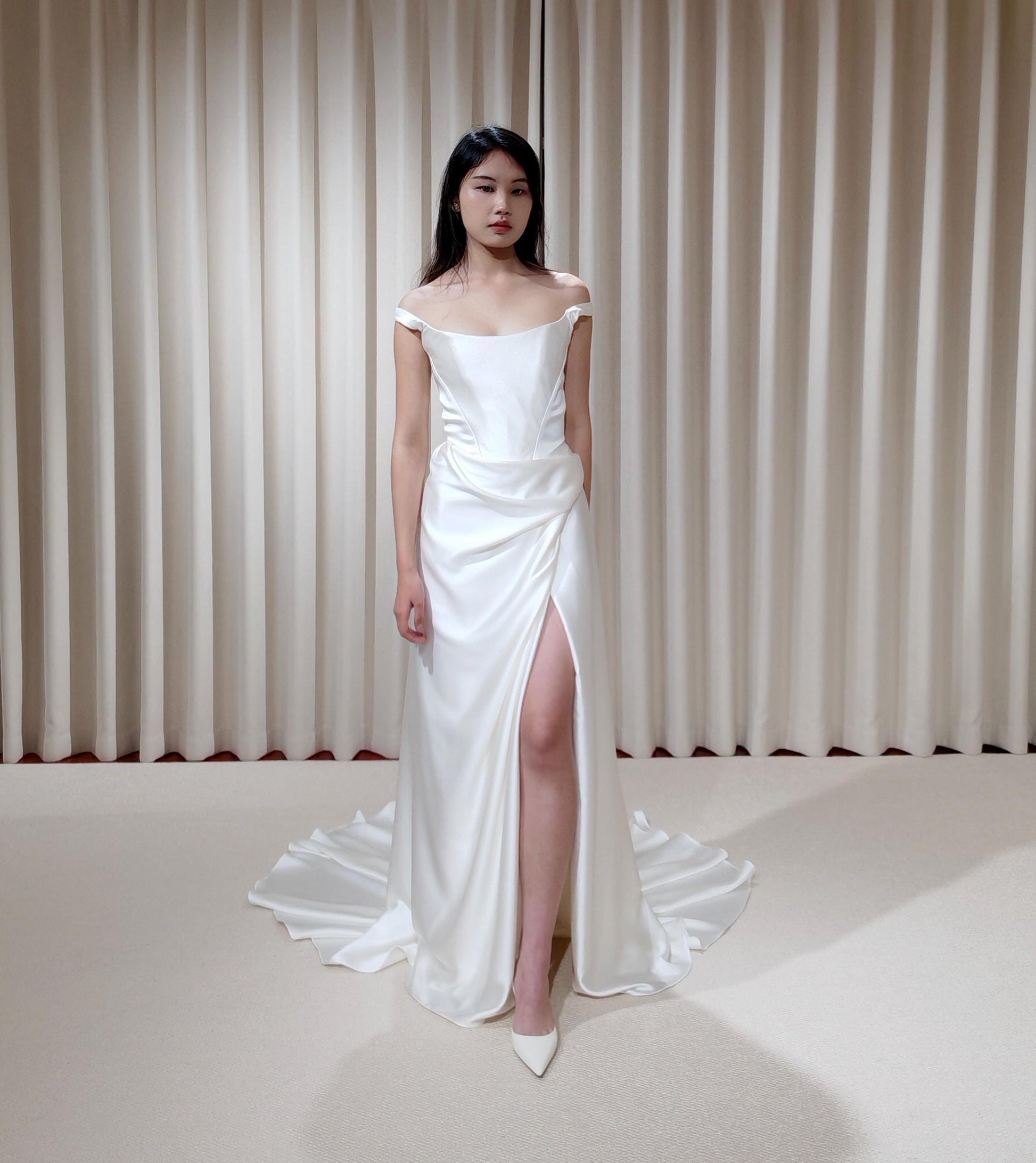 Minimalist Off Shoulder Satin Corset Wedding Dress with Slit | Chantel