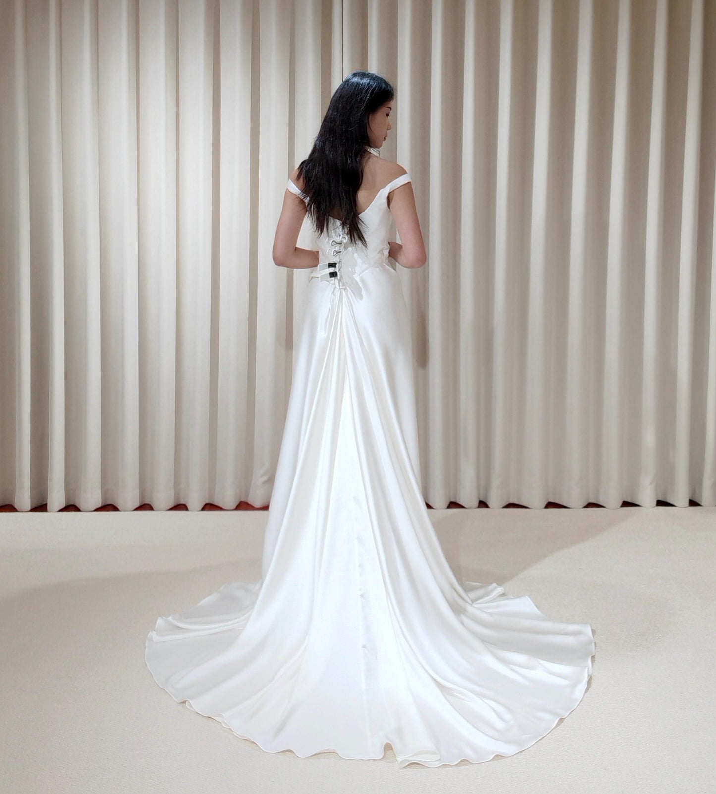 Minimalist Off Shoulder Satin Corset Wedding Dress with Slit | Chantel