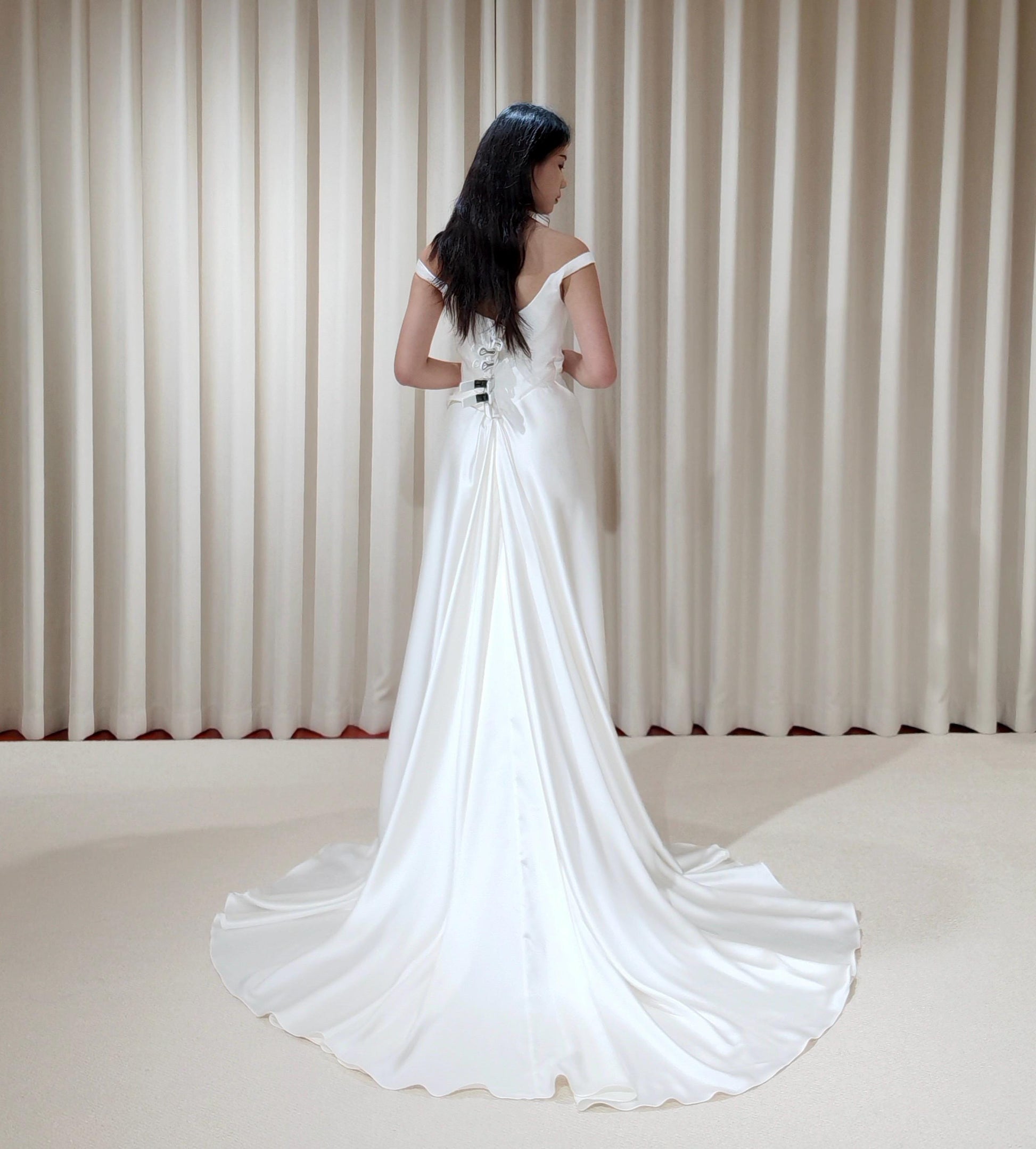 Minimalist Off Shoulder Satin Corset Wedding Dress with Slit | Chantel