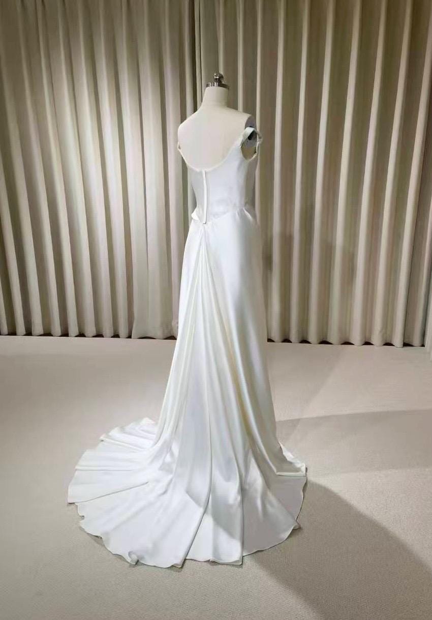 Minimalist Off Shoulder Satin Corset Wedding Dress with Slit | Chantel