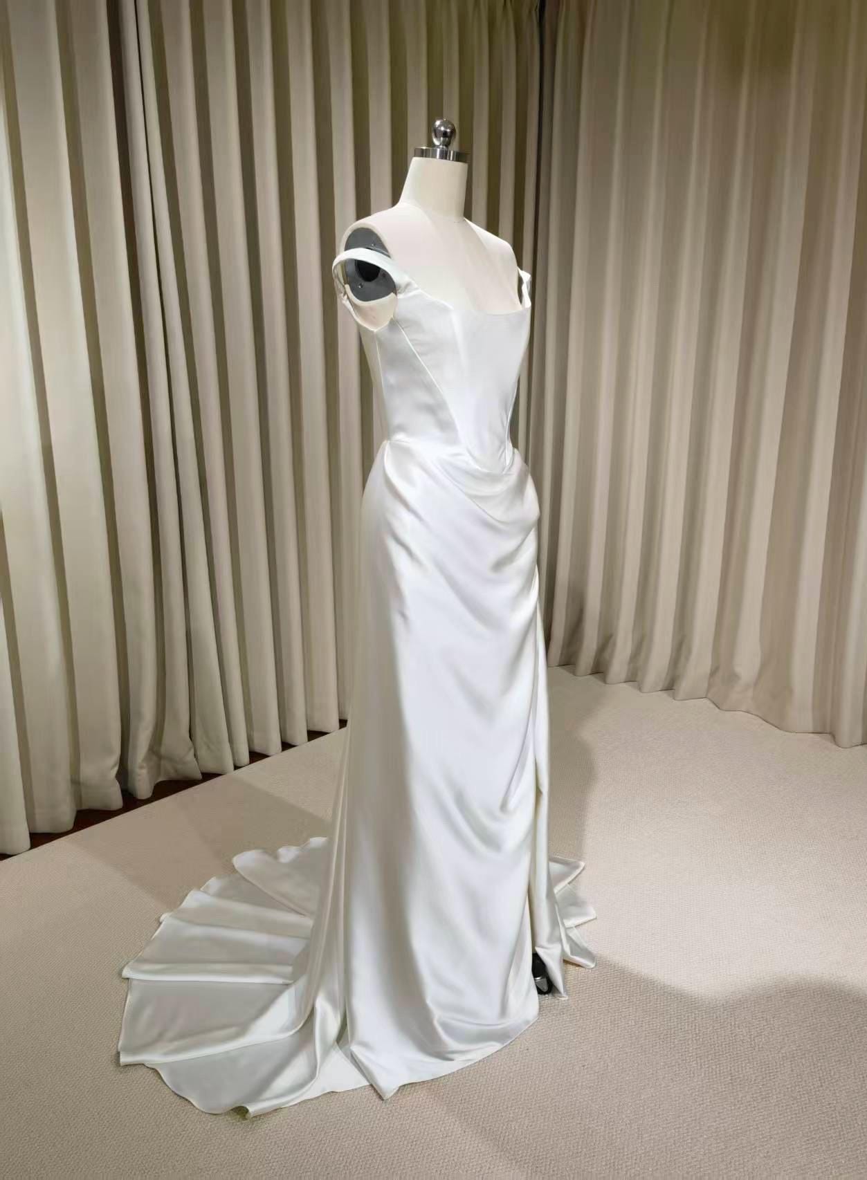 Minimalist Off Shoulder Satin Corset Wedding Dress with Slit | Chantel