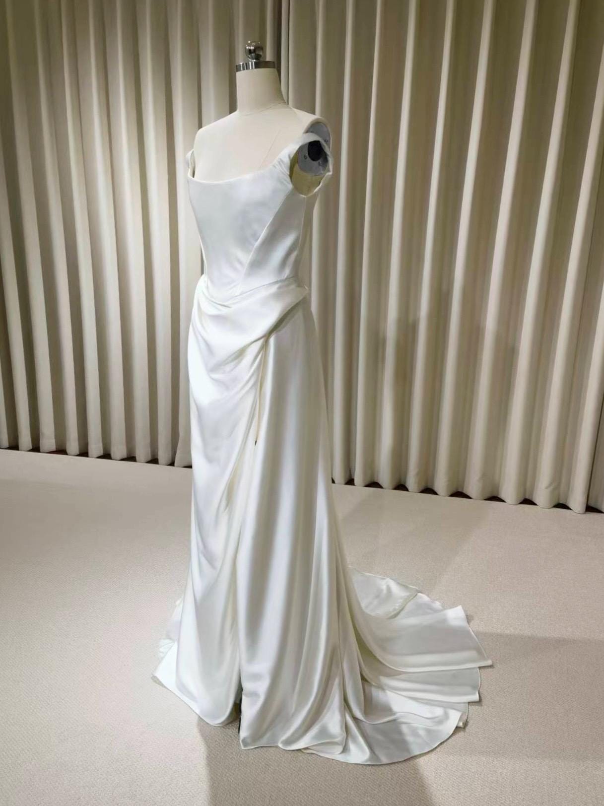 Minimalist Off Shoulder Satin Corset Wedding Dress with Slit | Chantel