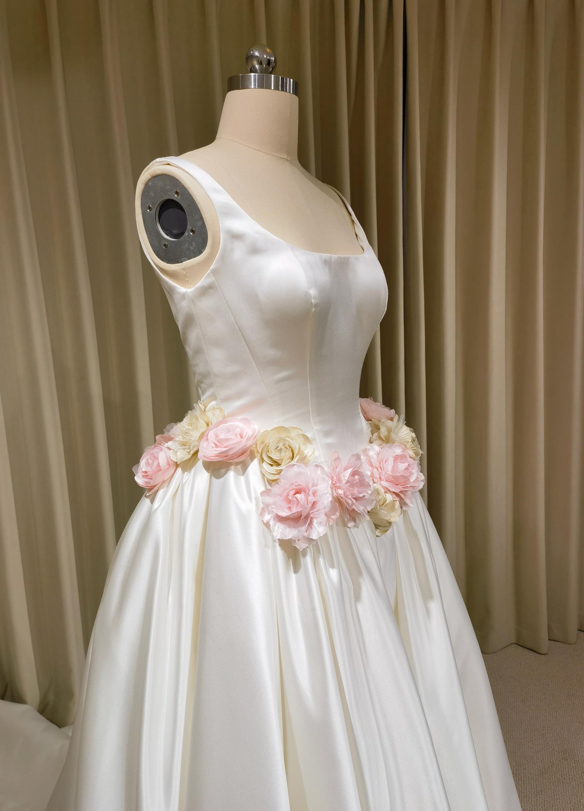 Minimalist Satin Corset Basque Waist Wedding Ballgown with Handmade Flowers and Detachable Bow | Abigail