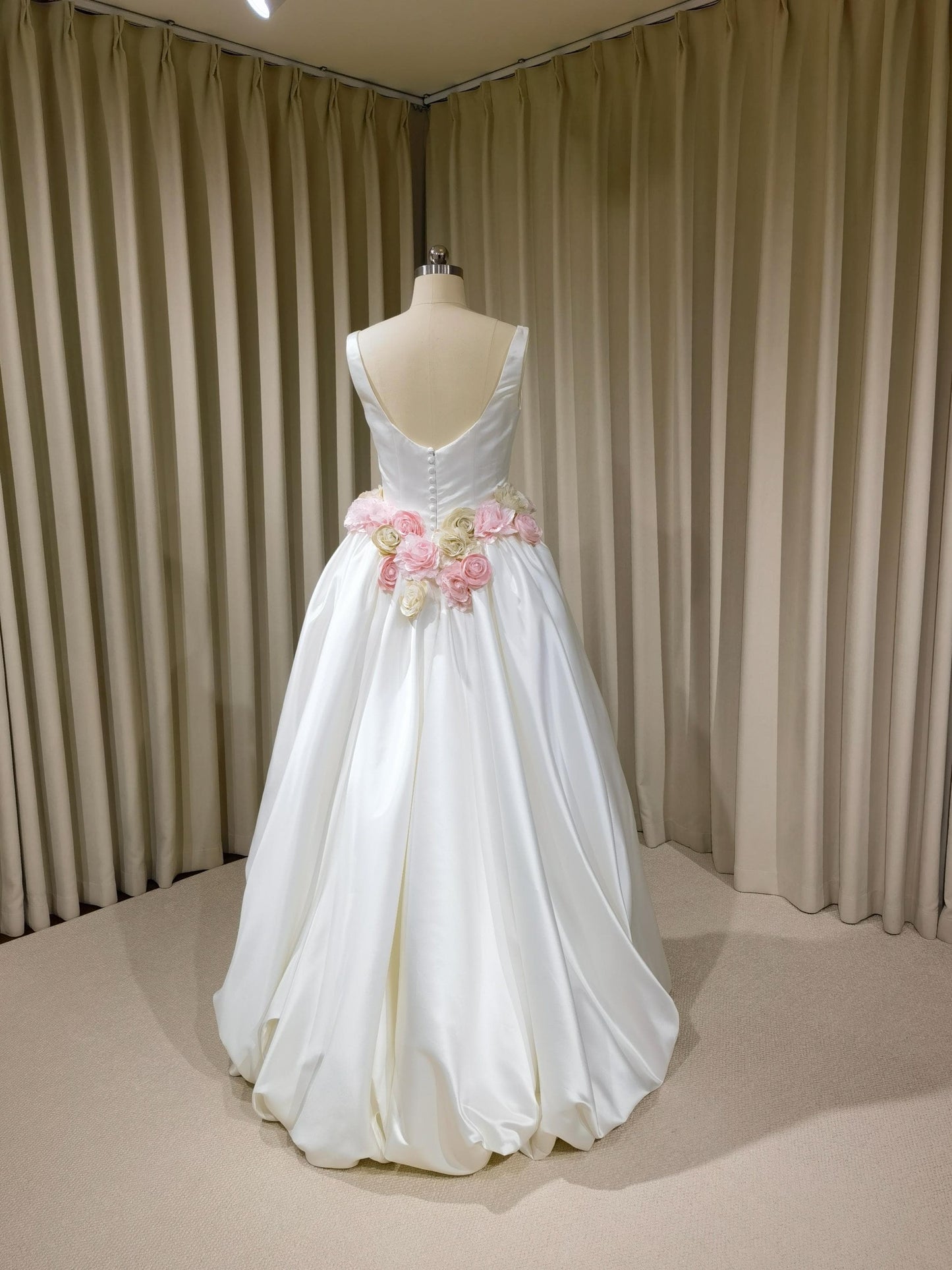 Minimalist Satin Corset Basque Waist Wedding Ballgown with Handmade Flowers and Detachable Bow | Abigail