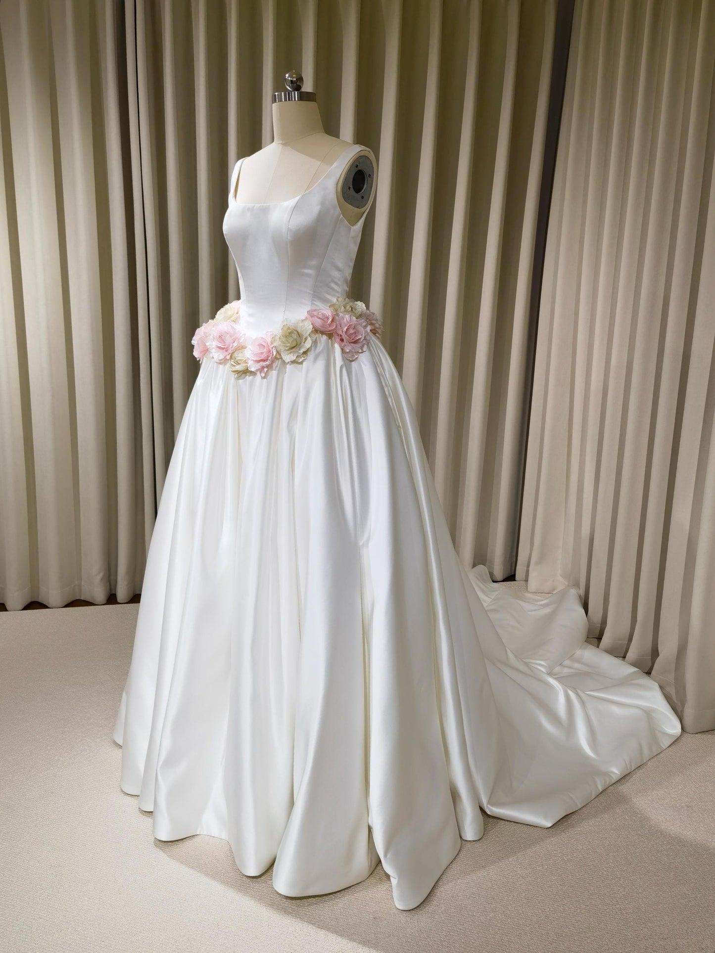 Minimalist Satin Corset Basque Waist Wedding Ballgown with Handmade Flowers and Detachable Bow | Abigail
