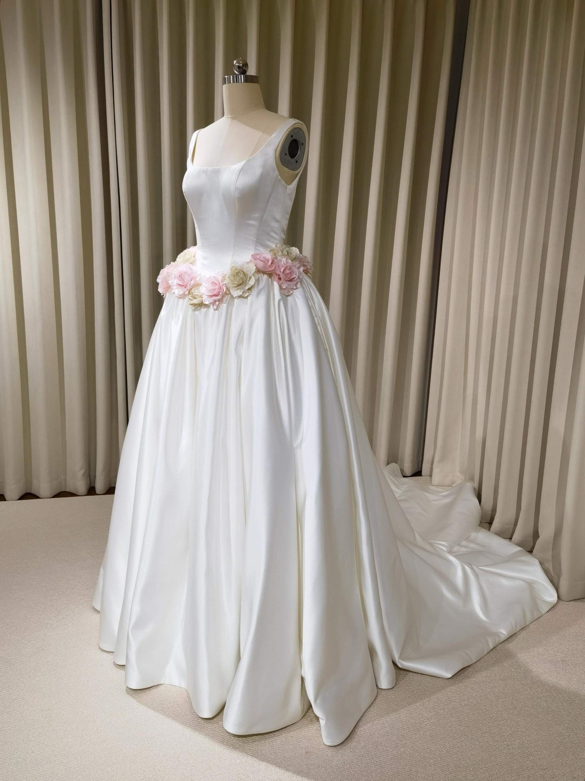 Minimalist Satin Corset Basque Waist Wedding Ballgown with Handmade Flowers and Detachable Bow | Abigail